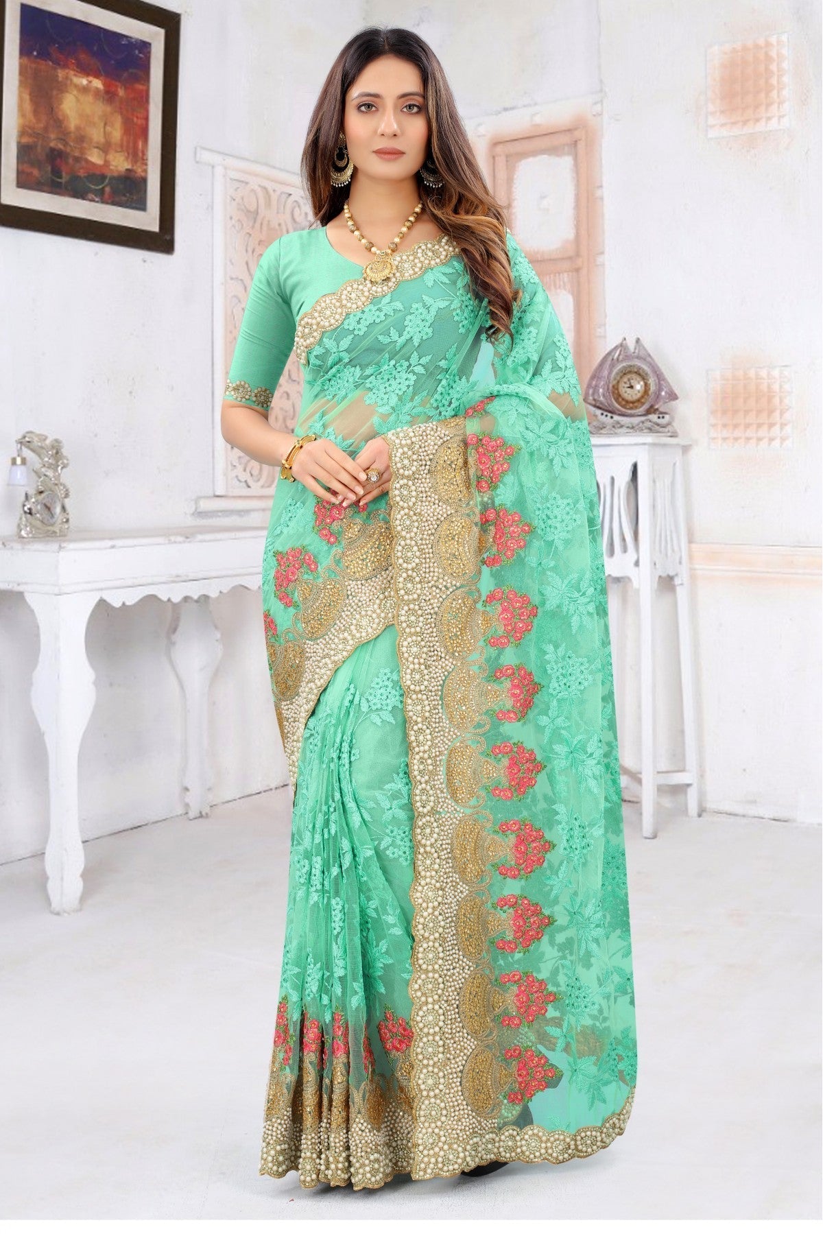Sky Blue Colour Net Embroidery Saree VSSD1090224