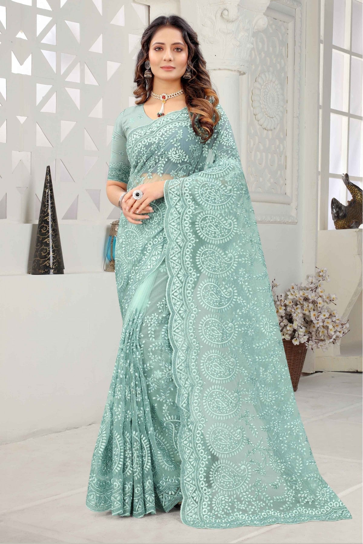 Sky Blue Colour Net Embroidery Saree VSSD1090230