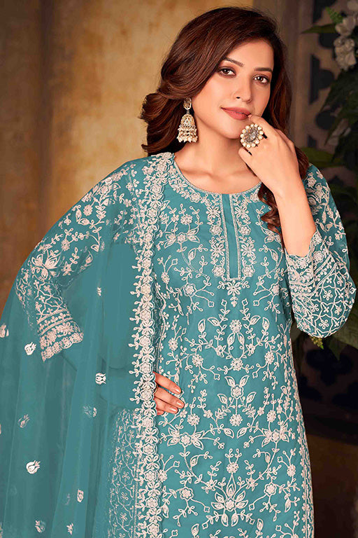 Sky Blue Colour Net Semi Stitched Palazzo Pant Suit VSSM1050325