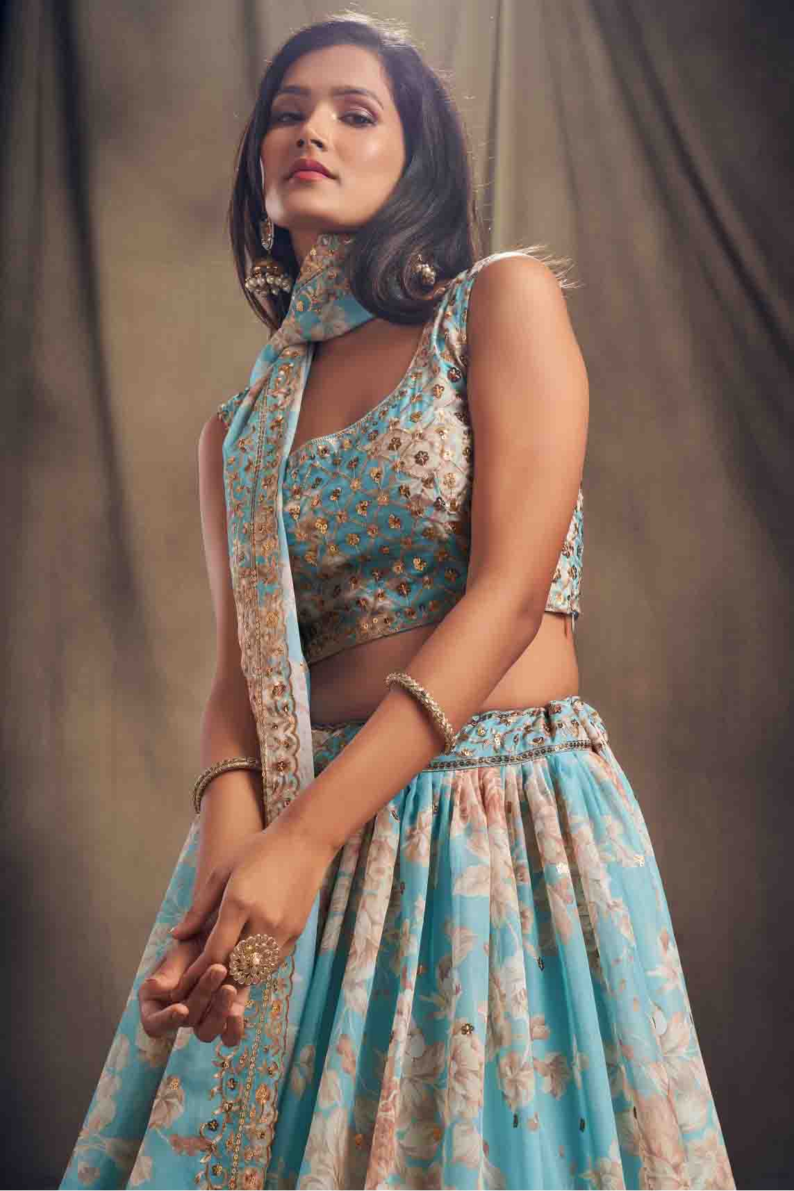 Sky Blue Colour Digital Printed Organza Lehenga Choli VSLC1010113