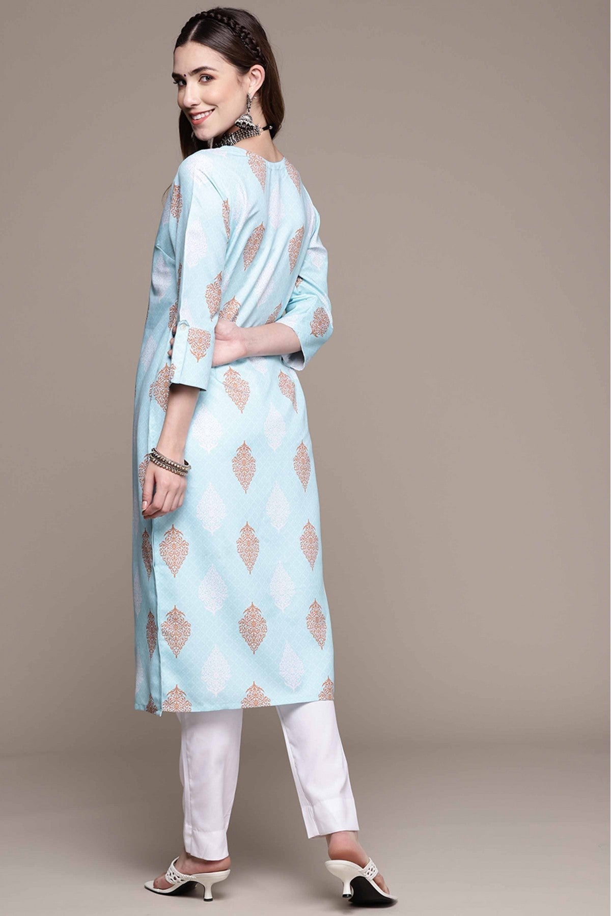 Sky Blue Colour Rayon Printed Kurta With Pant VSKR1060158