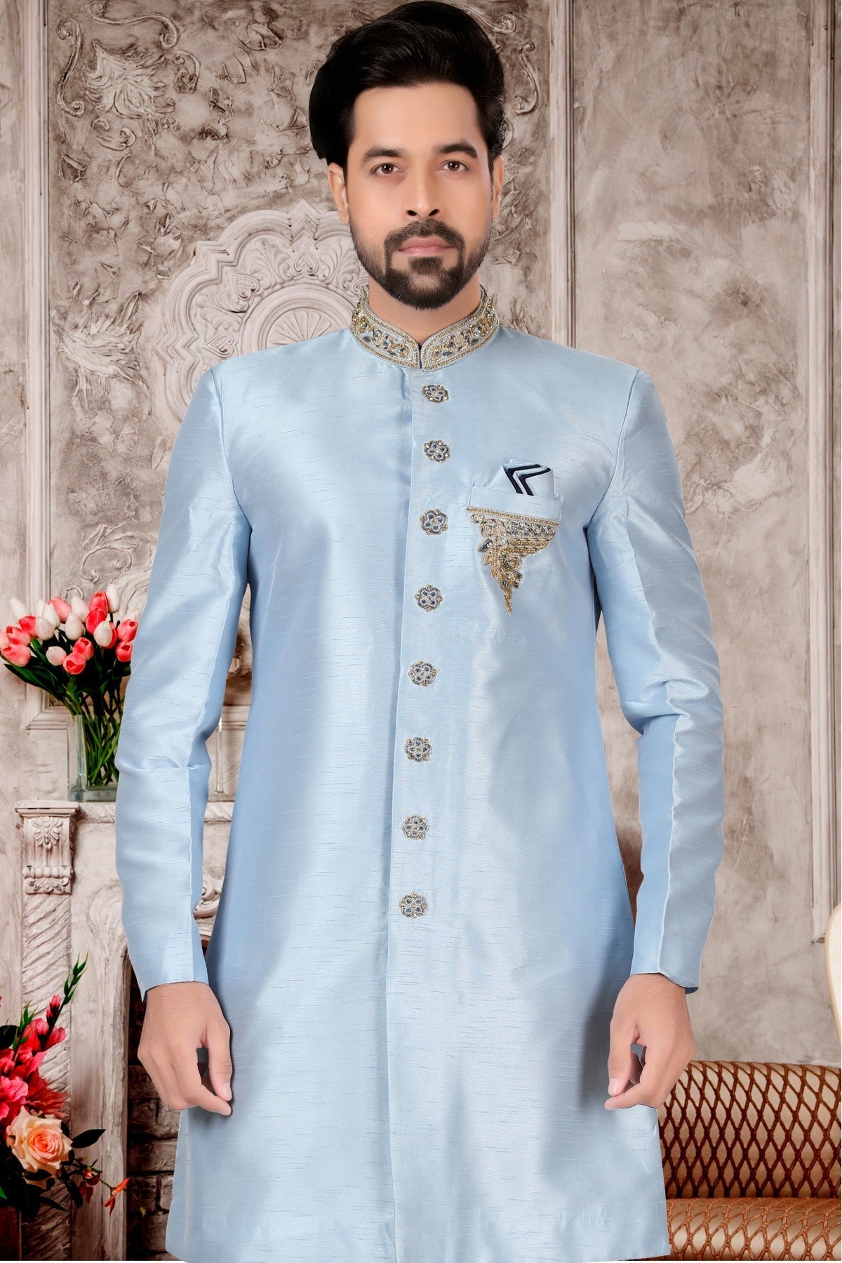 Sky Blue Colour Slub Silk Sherwani VSSH1040309