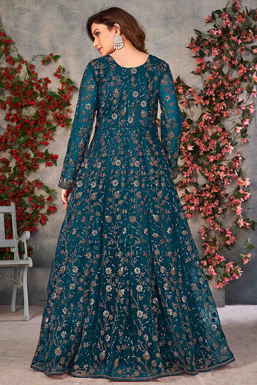 Teal Blue Colour Net Semi Stitched Pant Style Suit VSSM1050324