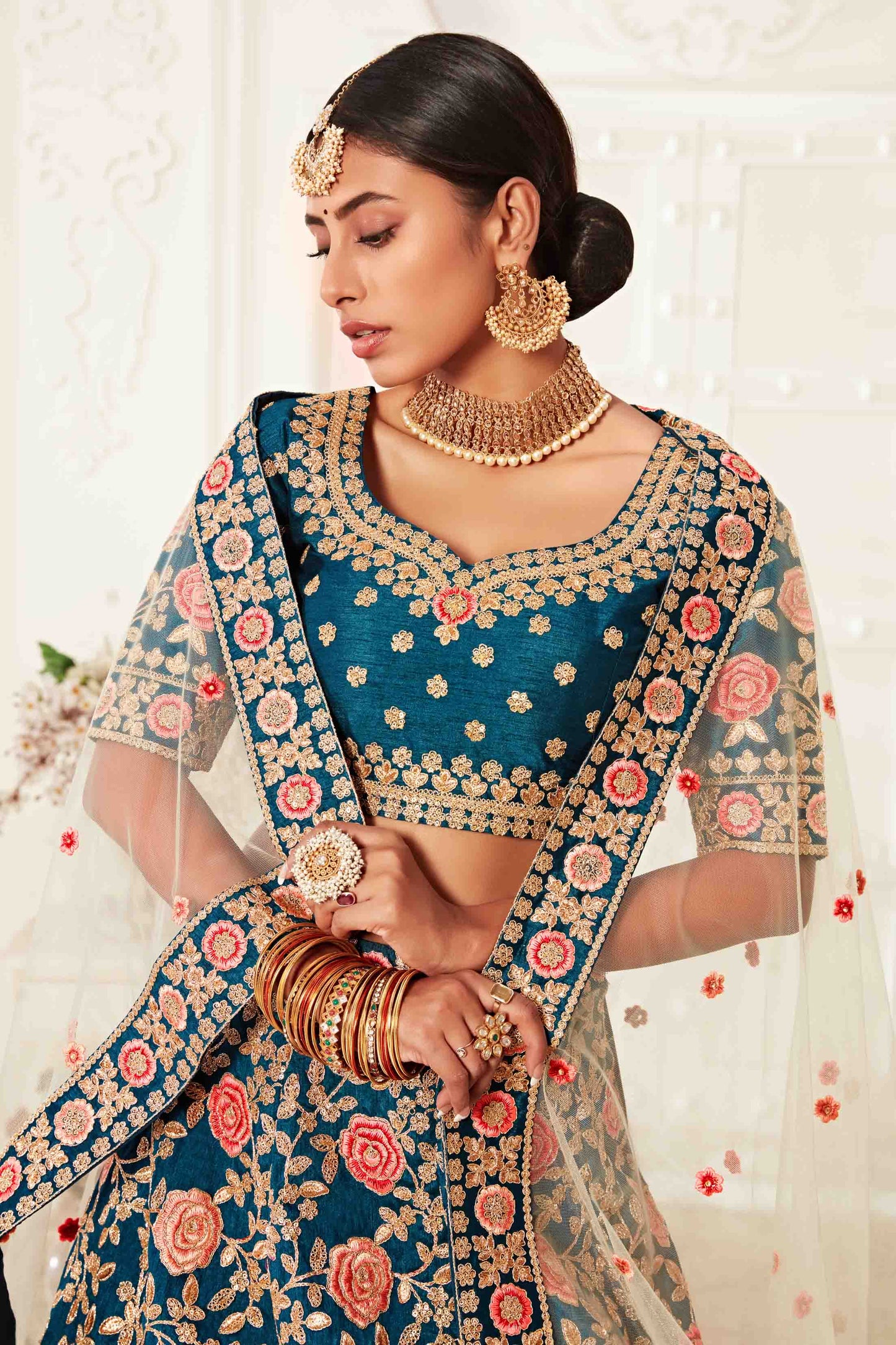 Teal Blue Silk Designer Lehenga Choli VSLC1010148