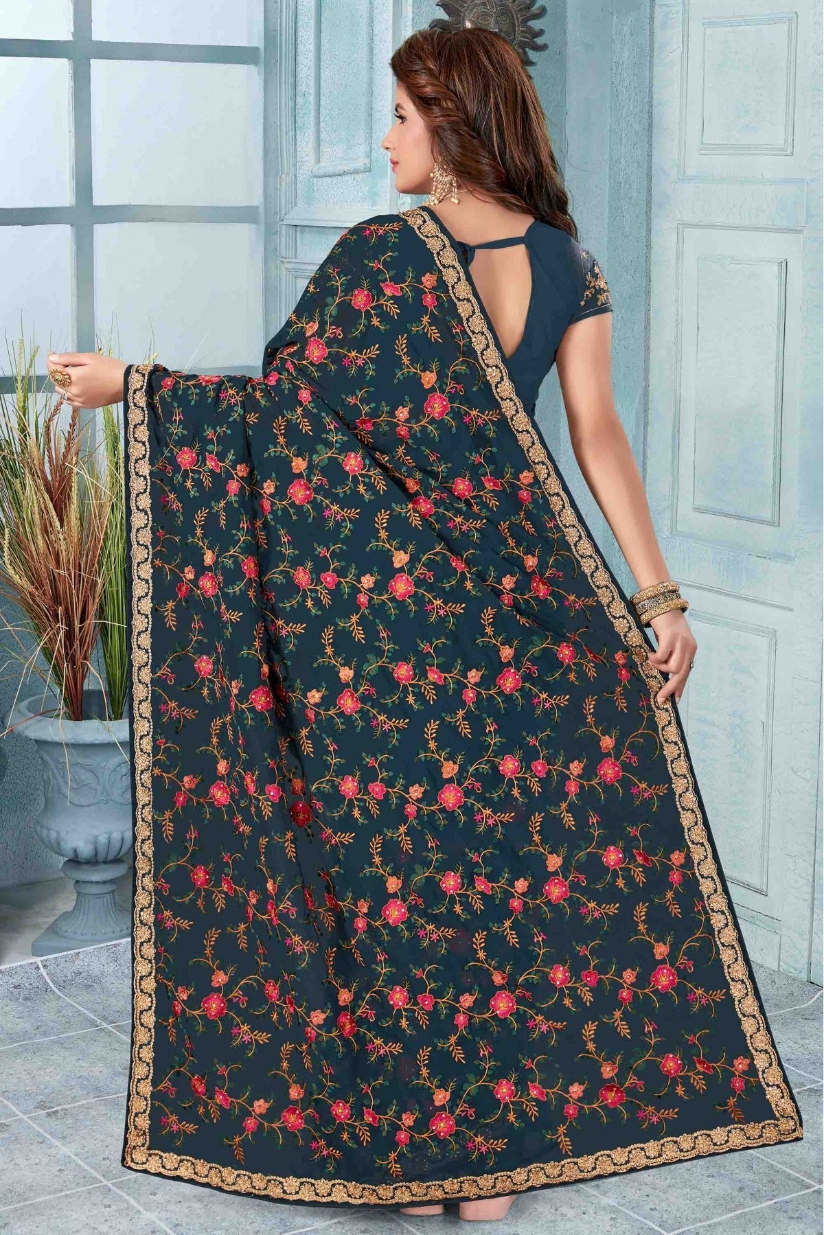 Teal Colour Georgette Designer Saree VSSD1120513