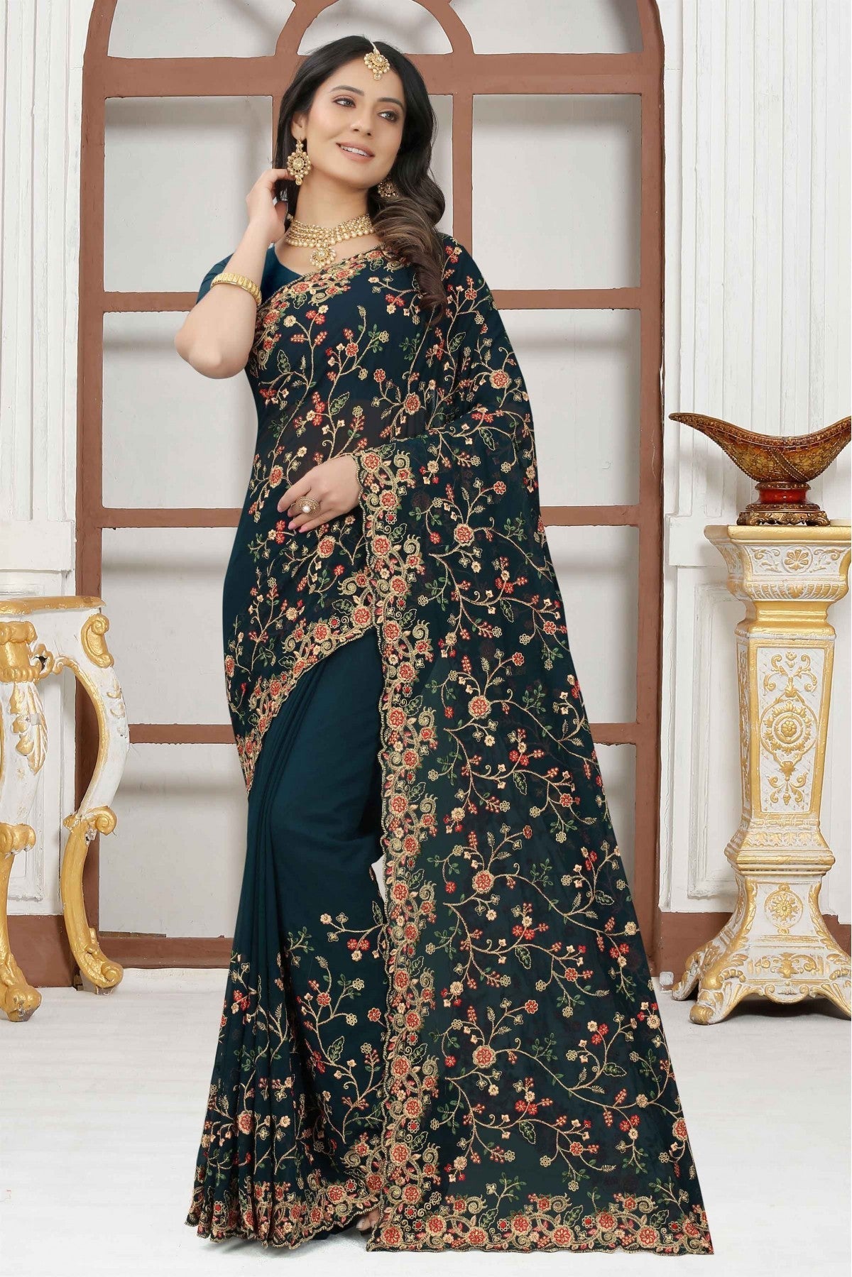 Teal Colour Georgette Embroidery Saree VSSD1090320