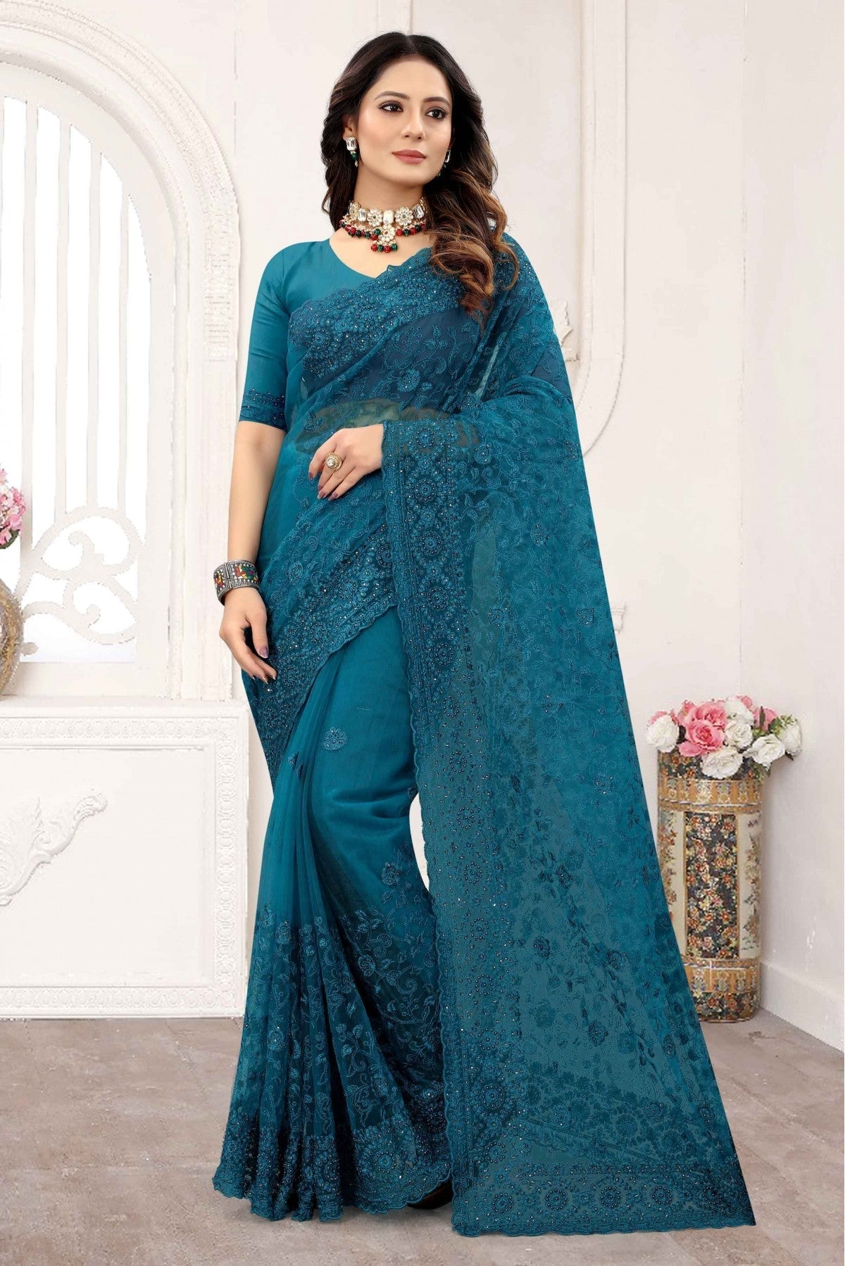 Teal Colour Net Designer Saree VSSD1090242