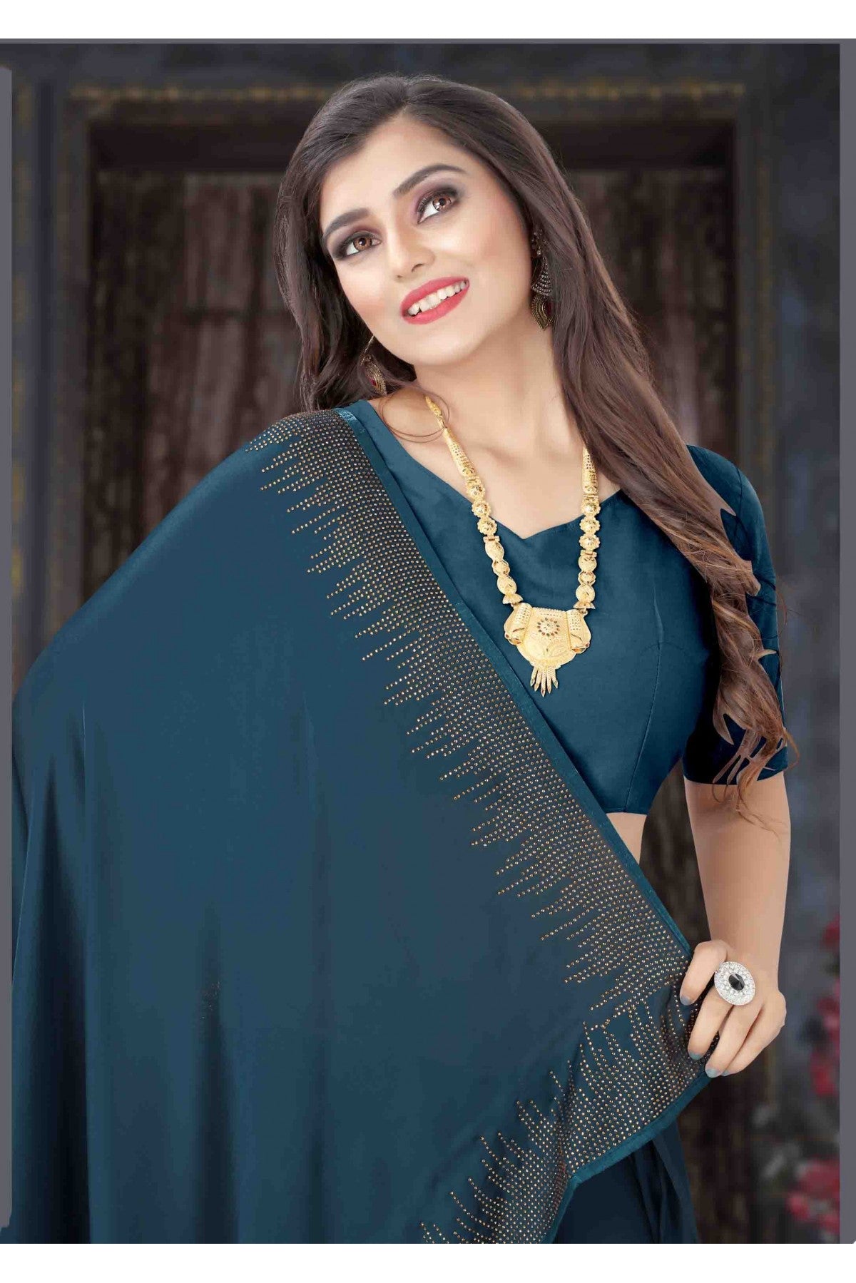 Teal Colour Pure Satin Designer Saree VSSD1120700