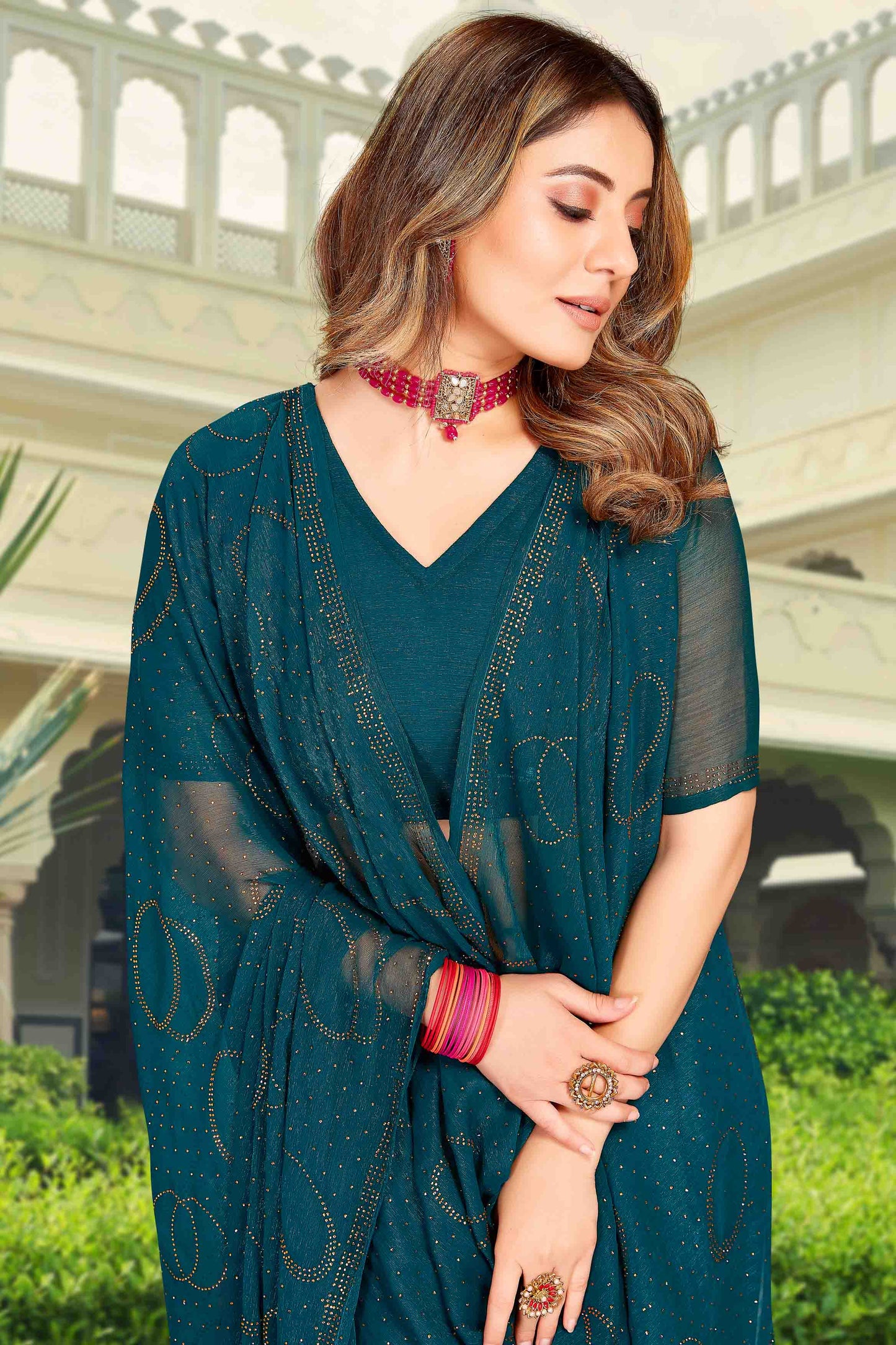 Teal Colour Simmer Chiffon Designer Saree VSSD1121263