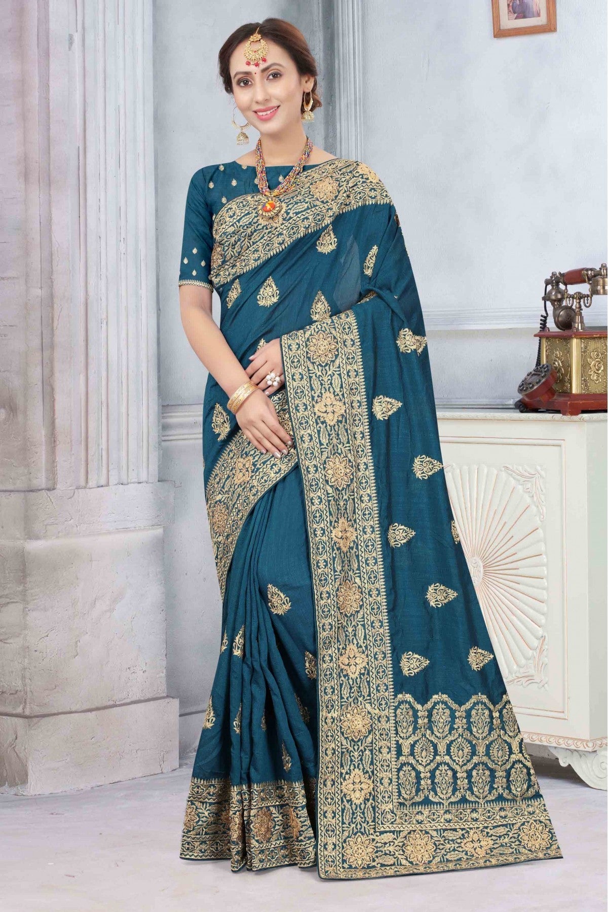 Teal Colour Vichitra Silk Designer Saree VSSD1090174