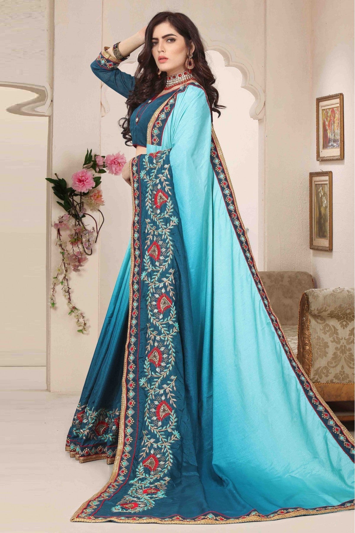 Teal and Blue Colour Dola Silk Designer Saree VSSD1120467