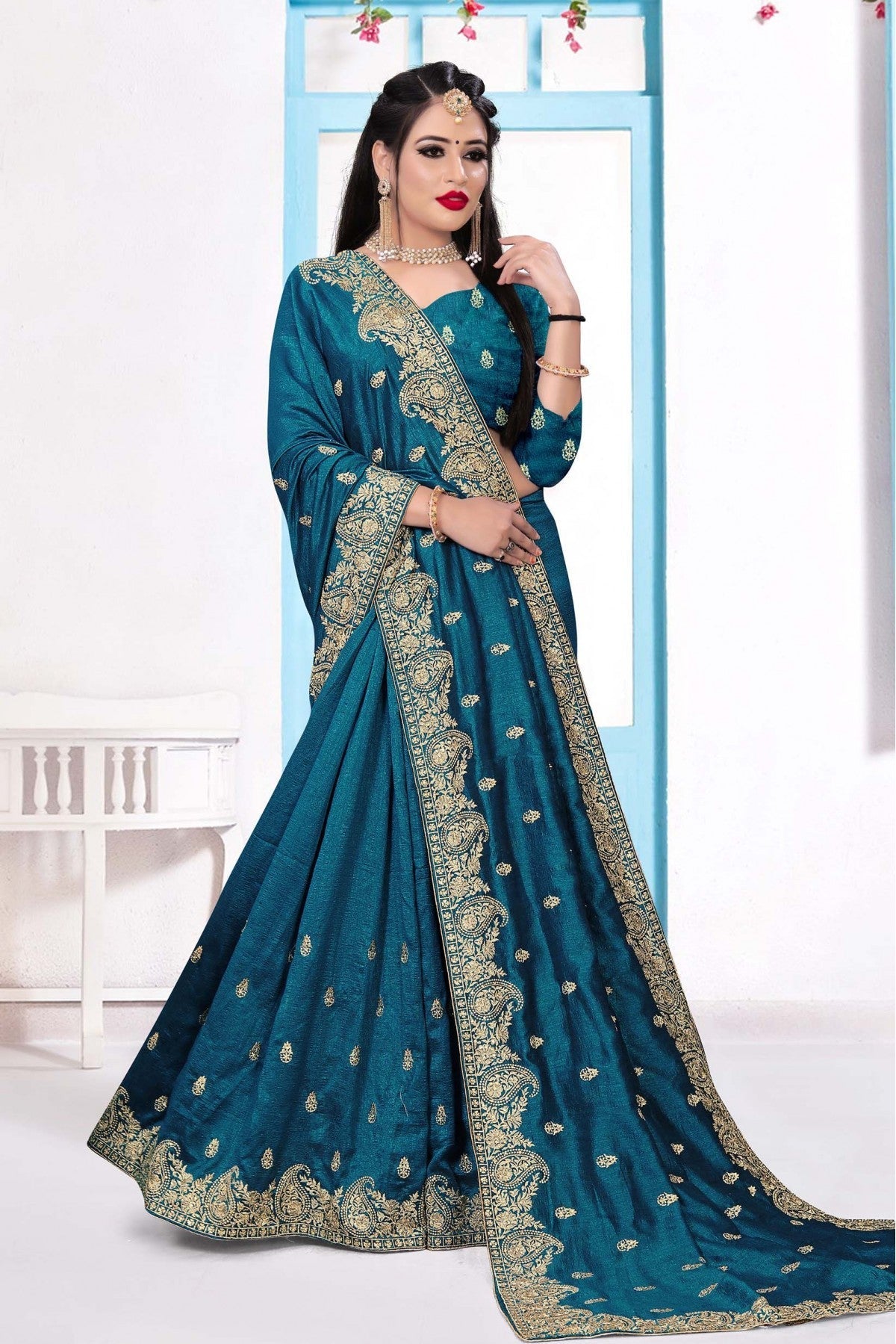 Teal and Blue Colour Vichitra Silk Embroidery Saree VSSD1090148