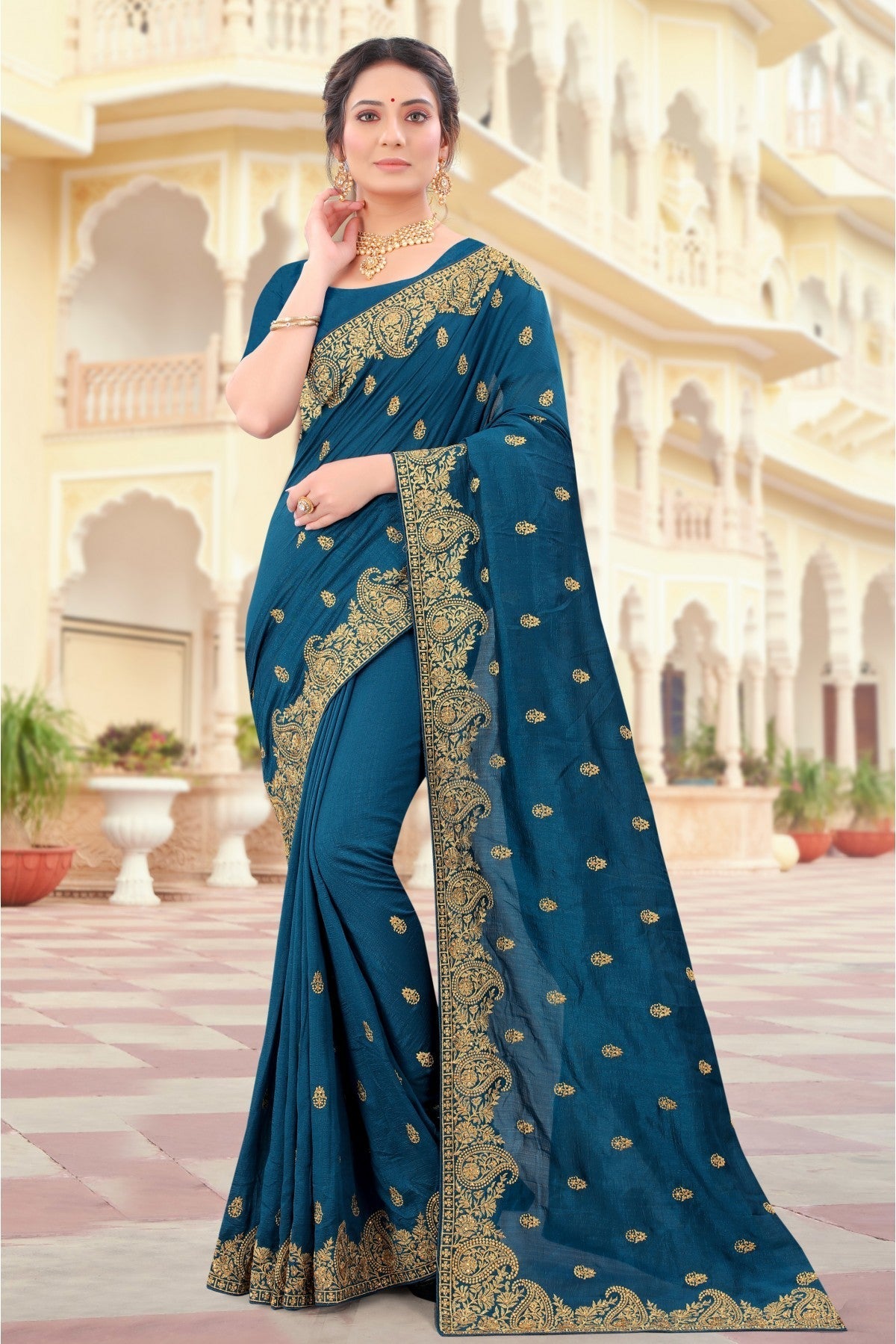 Teal and Blue Colour Vichitra Silk Embroidery Saree VSSD1090422
