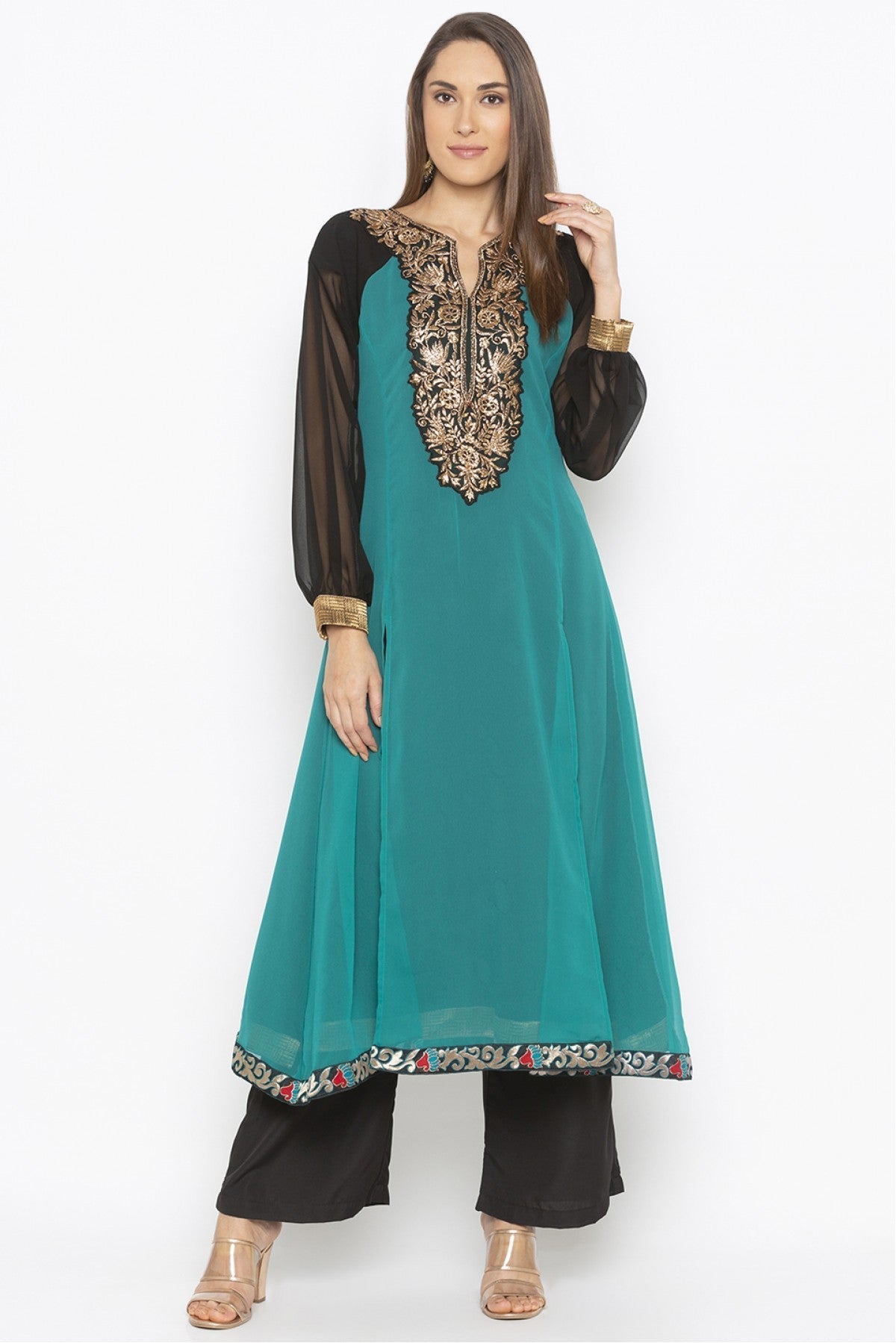 Teal and Green Colour Plus Size Georgette Embroidery Kurta Set