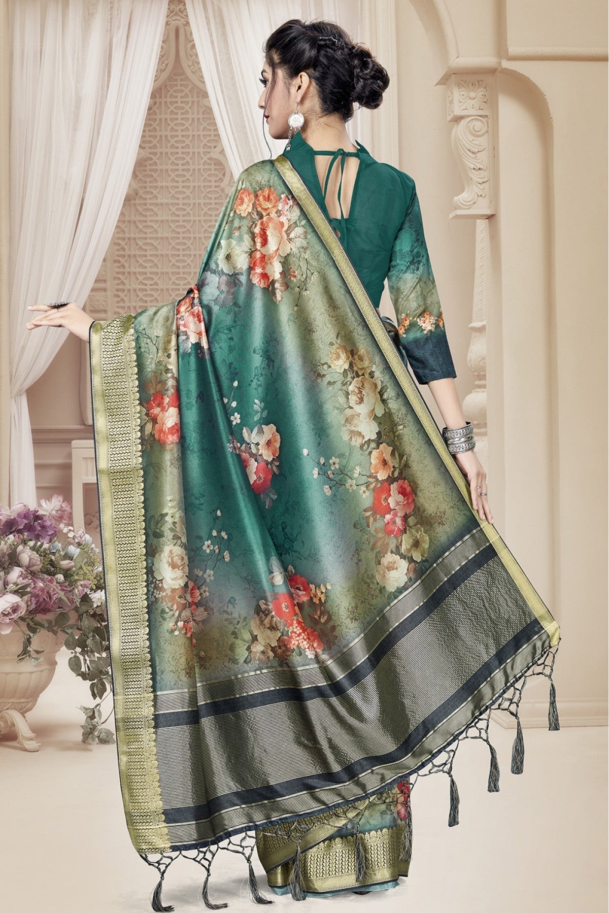 Teal and Green Colour Tussar Silk Printed Saree VSSD1120646
