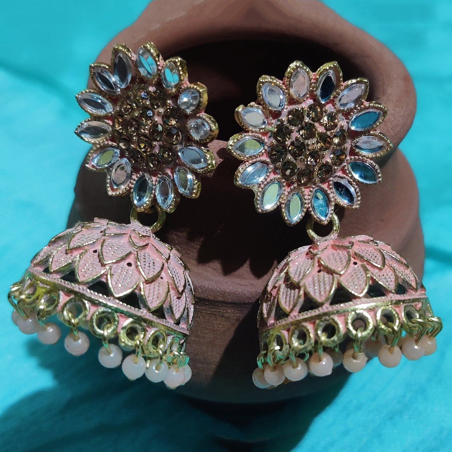 Vastradi Alloy Golden Traditional Jhumka in Peach Colour VSER