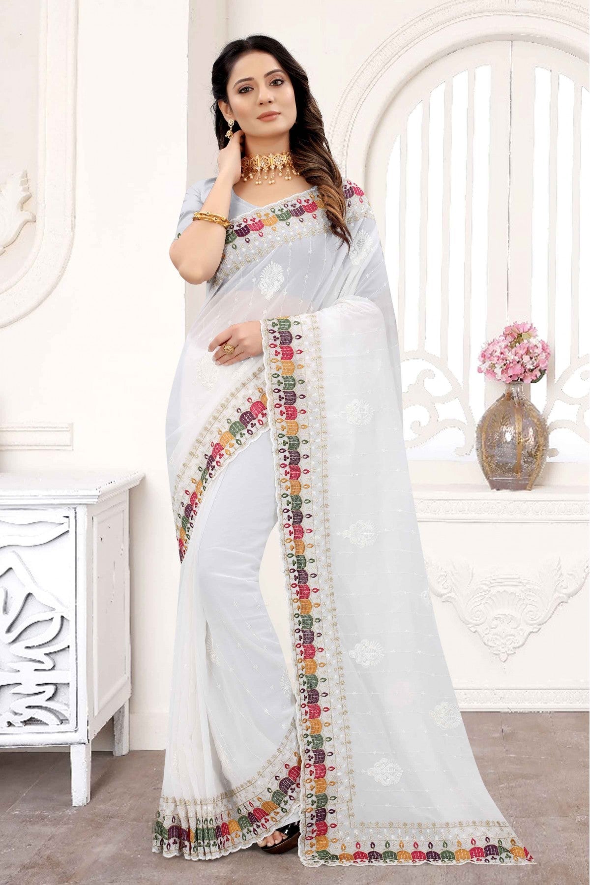 White Colour Georgette Embroidery Saree VSSD1090280