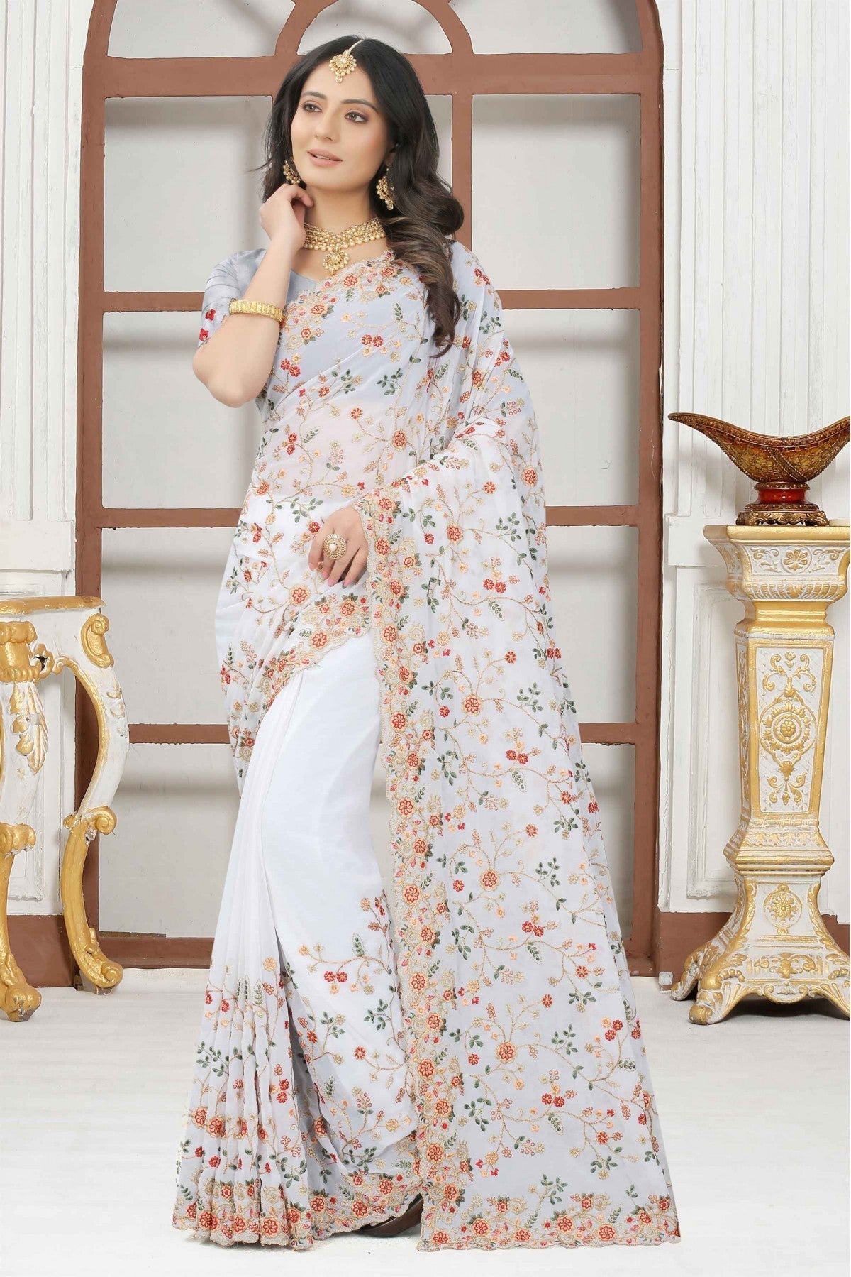 White Colour Georgette Embroidery Saree VSSD1090318