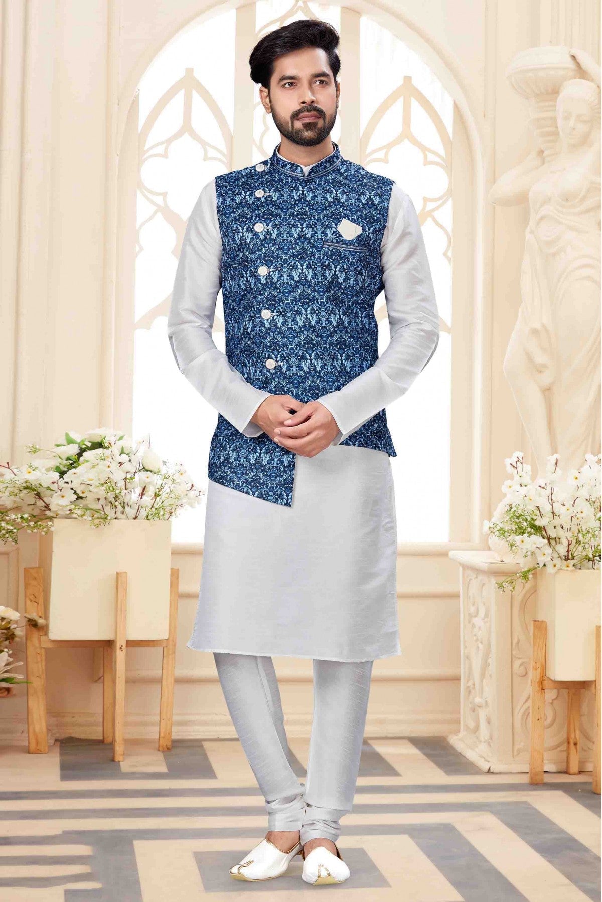 White Colour Kurta Pajama With Jacket In Silk Dupion Fabric VSKP1040171