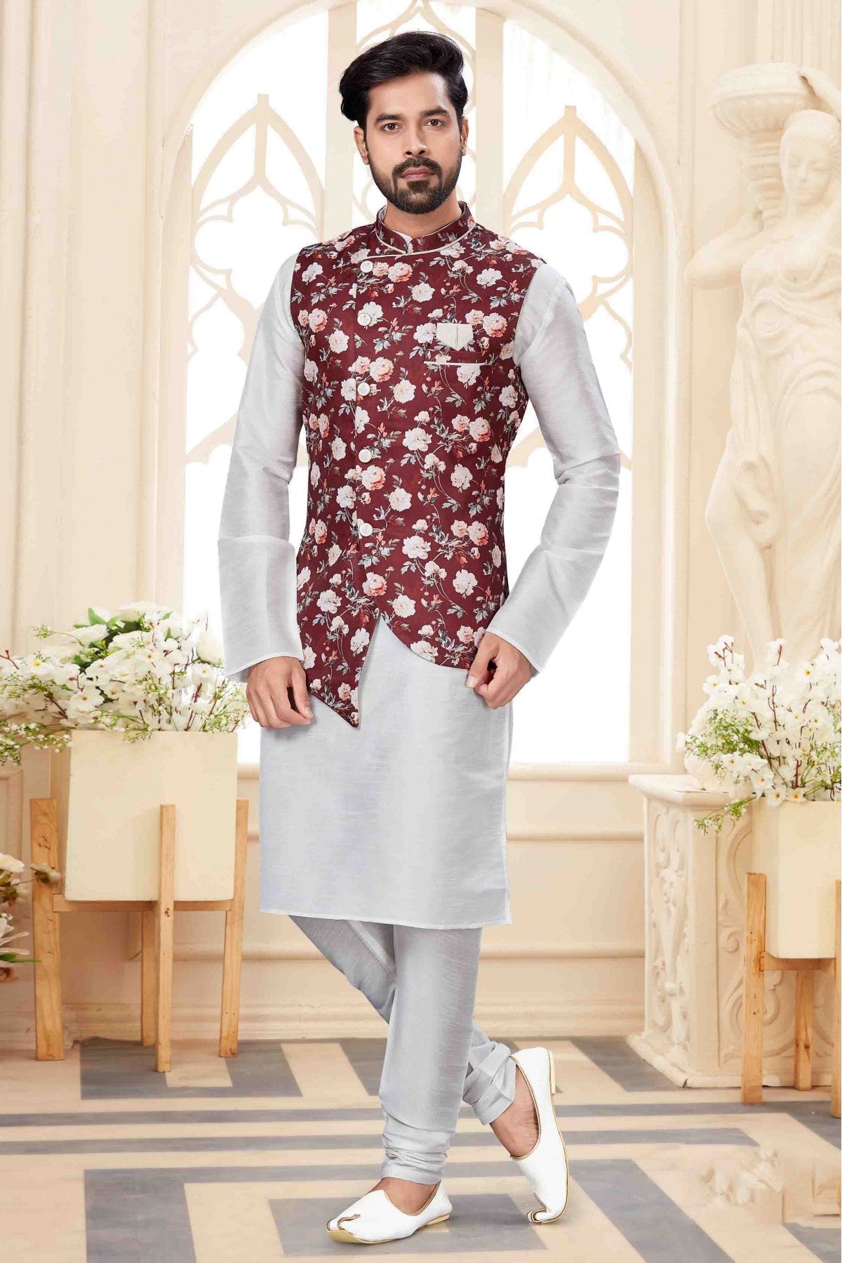White Colour Kurta Pajama With Jacket In Silk Dupion Fabric VSKP1040172