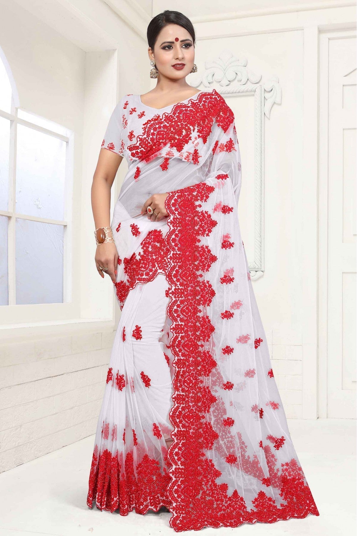 White Colour Net Designer Saree VSSD1090043