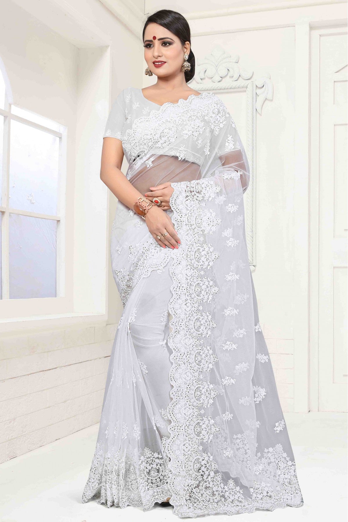 White Colour Net Designer Saree VSSD1090045