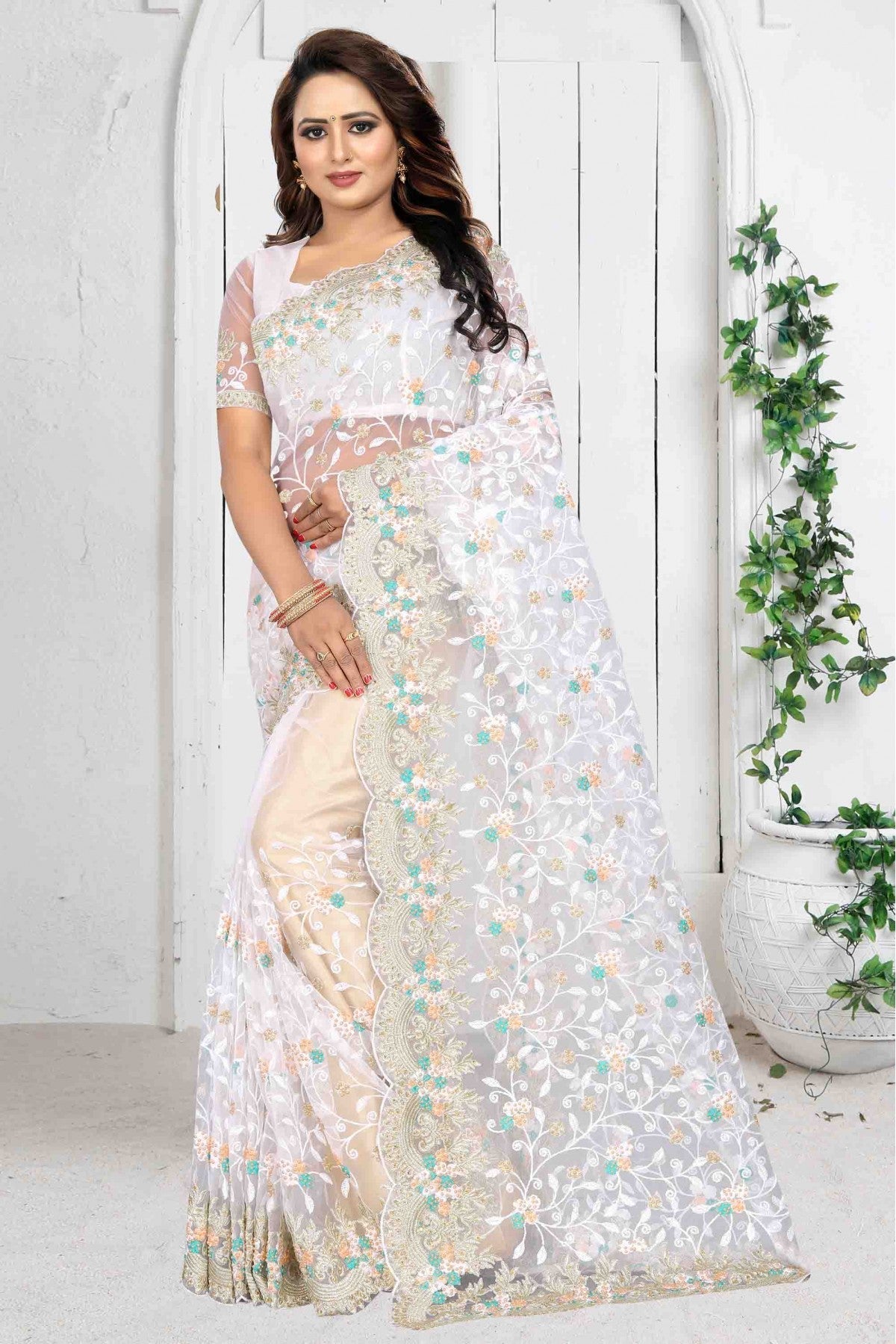 White Colour Net Designer Saree VSSD1090079