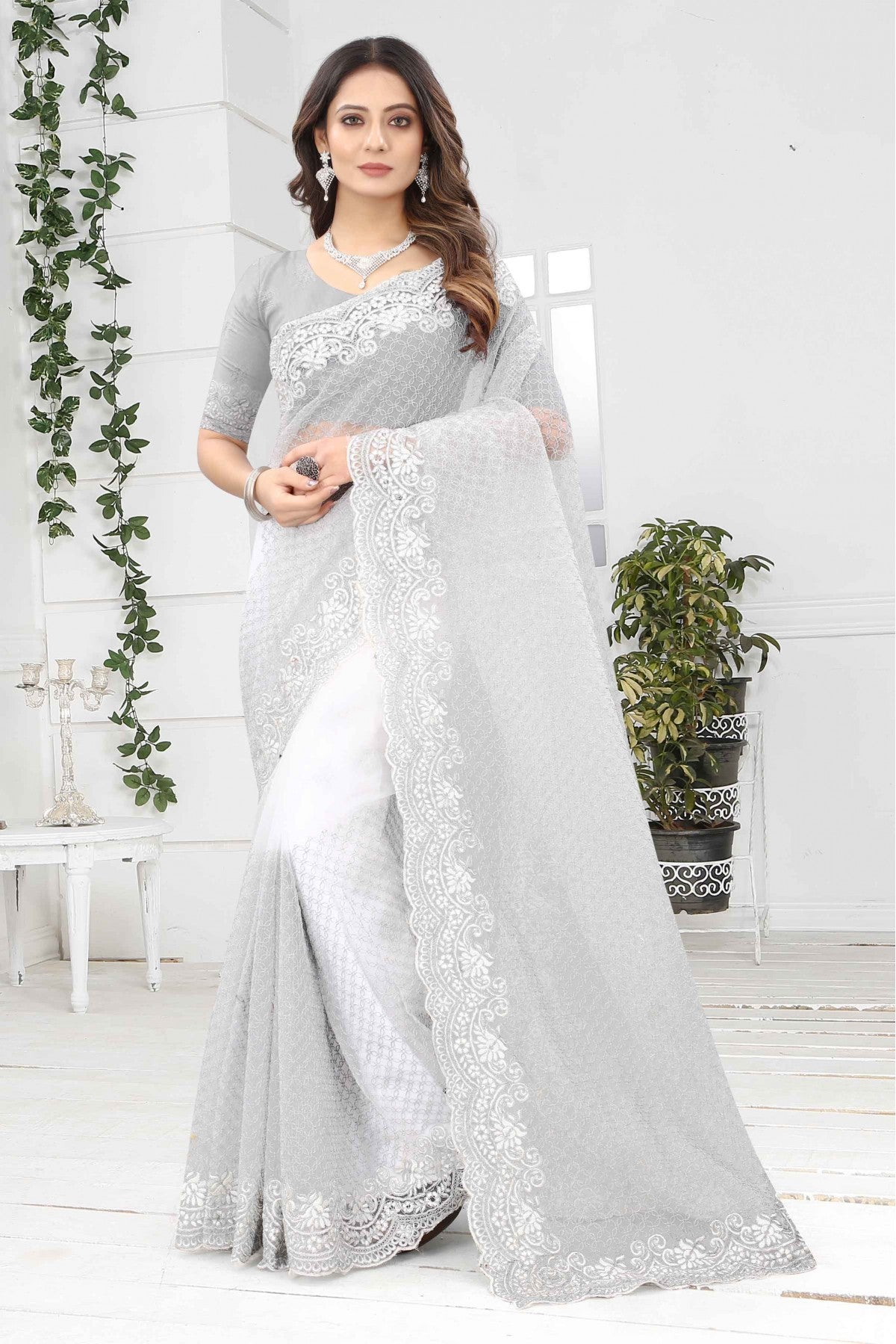 White Colour Net Designer Saree VSSD1090233