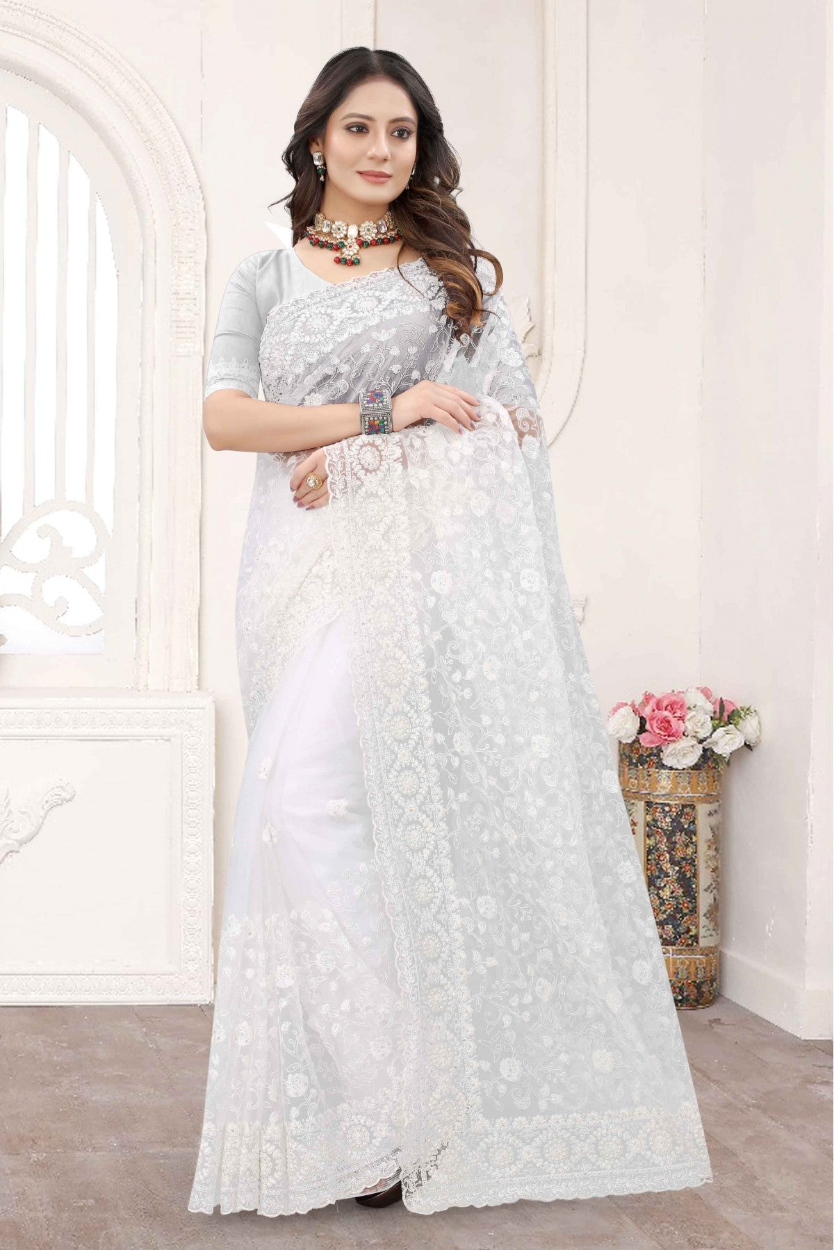 White Colour Net Designer Saree VSSD1090244