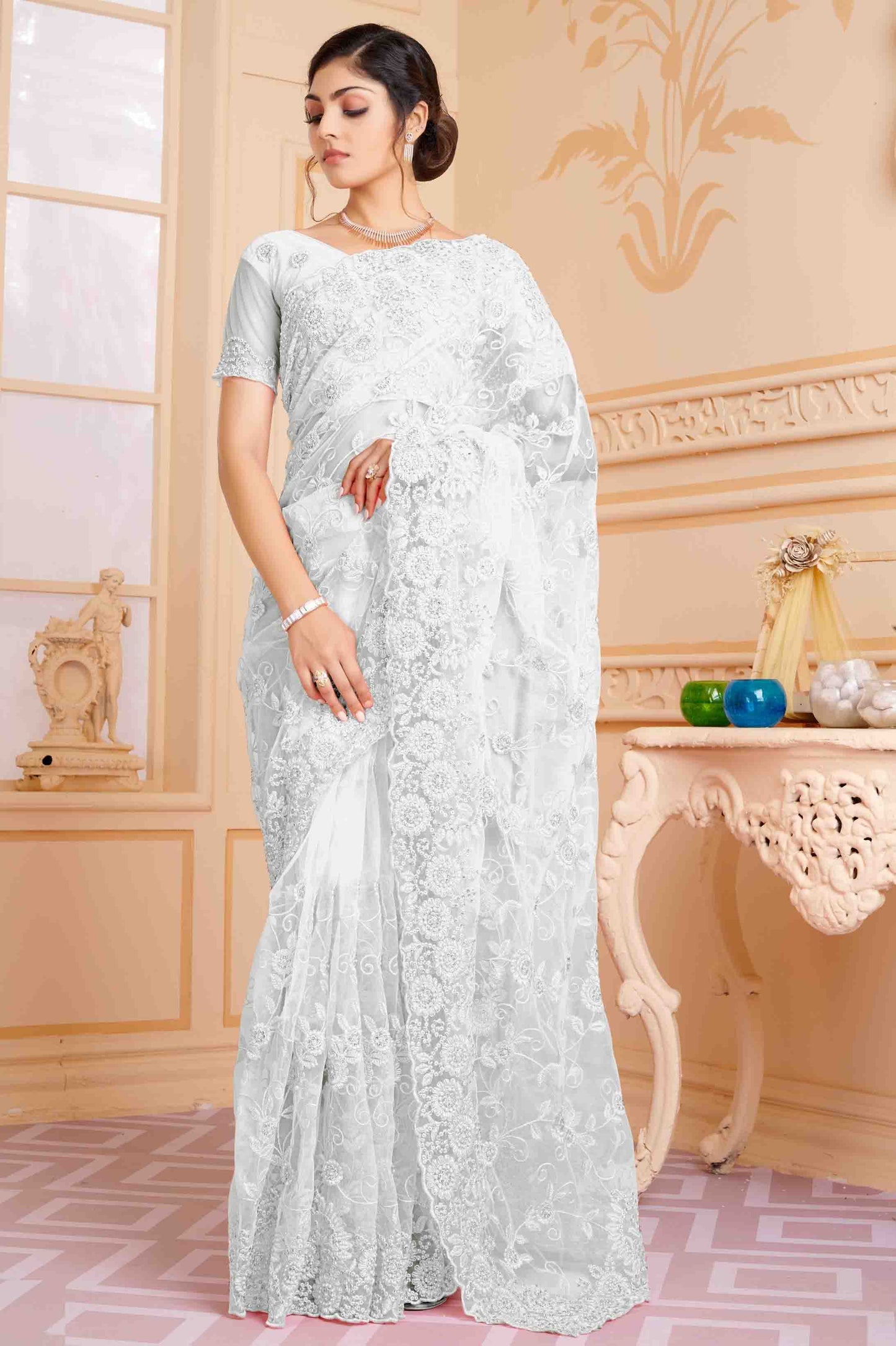 White Colour Net Designer Saree VSSD1090607