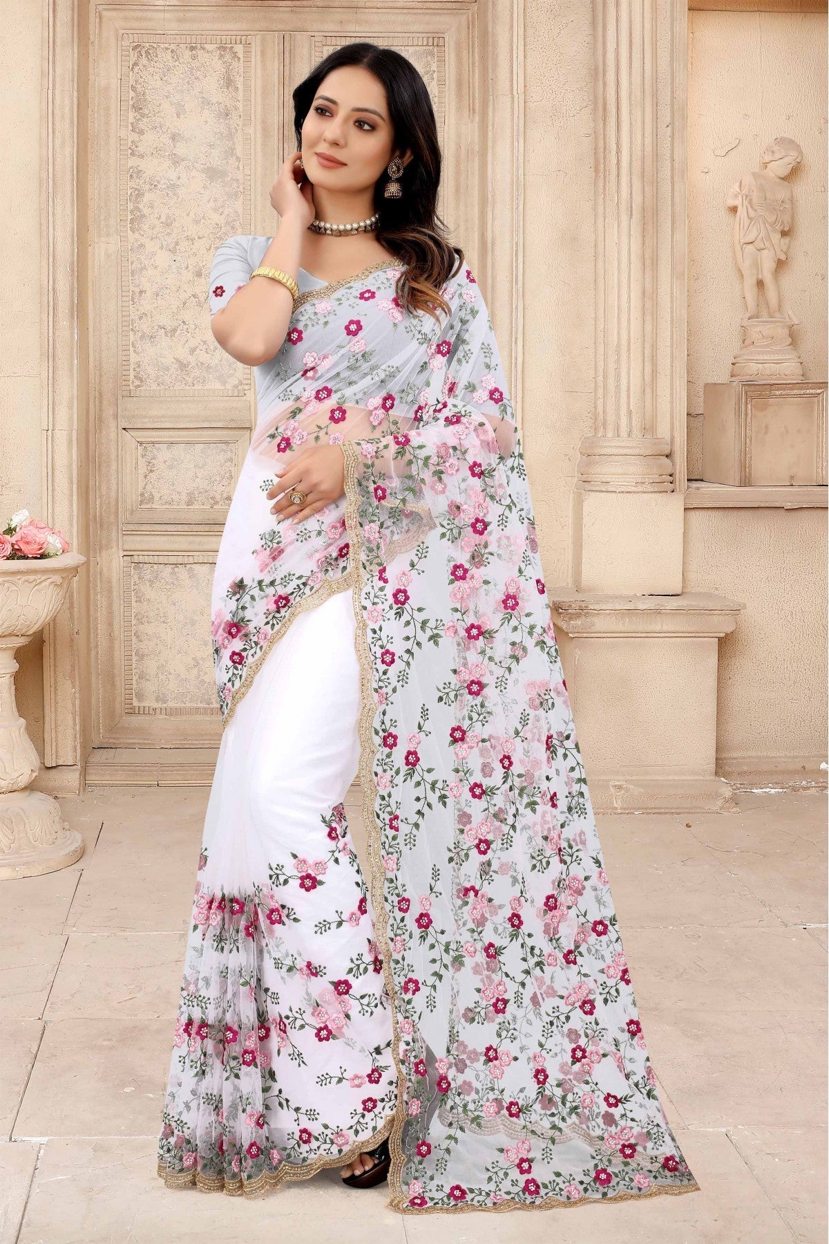 White Colour Net Embroidery Saree VSSD1090309