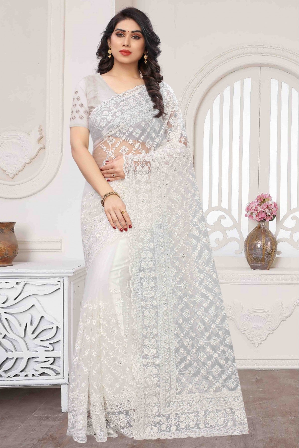 White Colour Net Embroidery Saree VSSD1090358