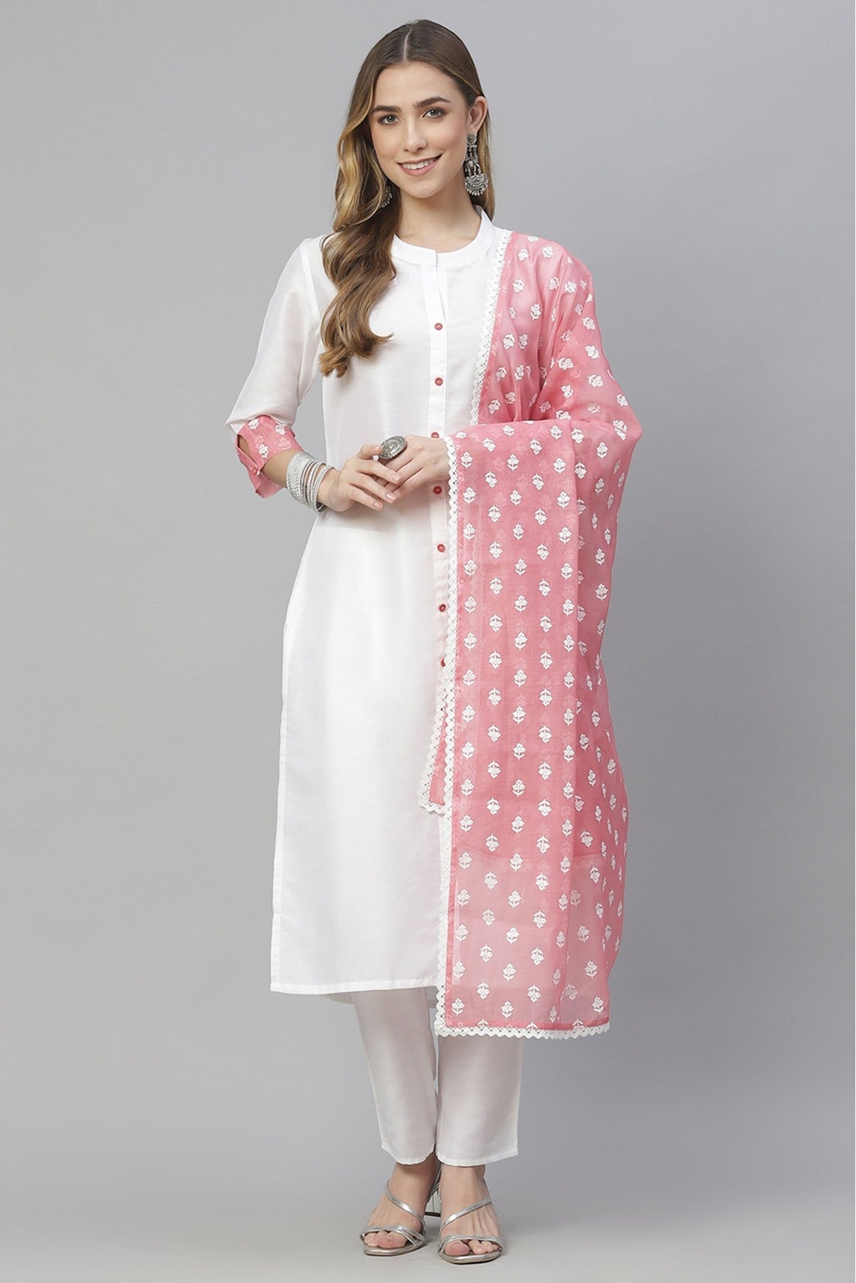White Colour Plus Size Chiffon Printed Kurti Pant And Dupatta Set VSKR1060181