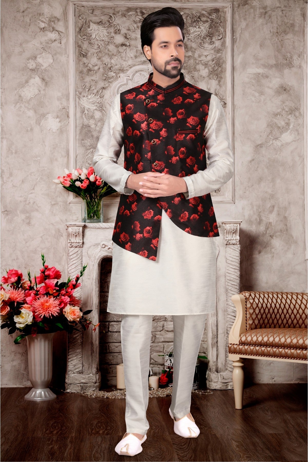 White Kurta Pajama White Kurti With Black Jacket White Black Kurta