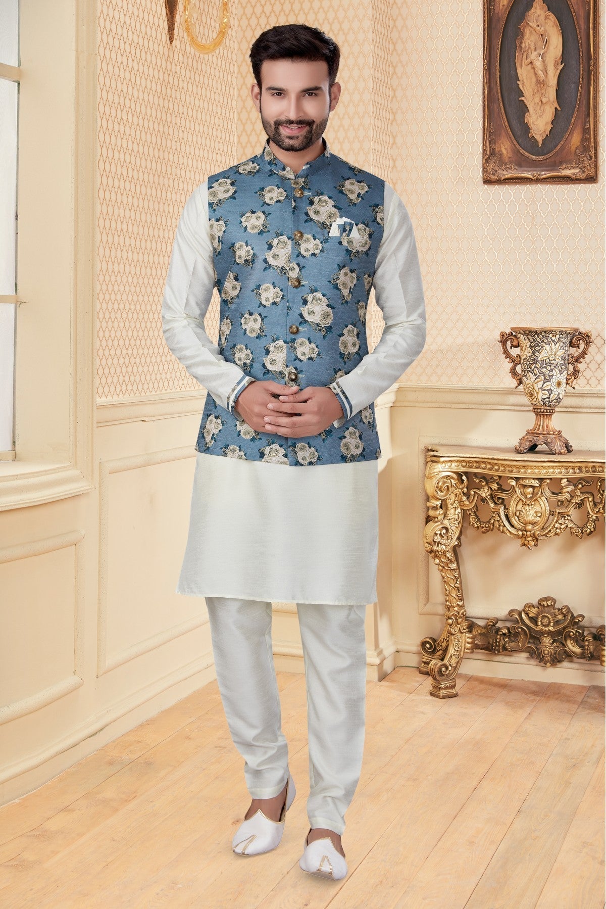 White and Blue Colour Kurta Pajama With Jacket In Silk Dupion Fabric VSKP1040176