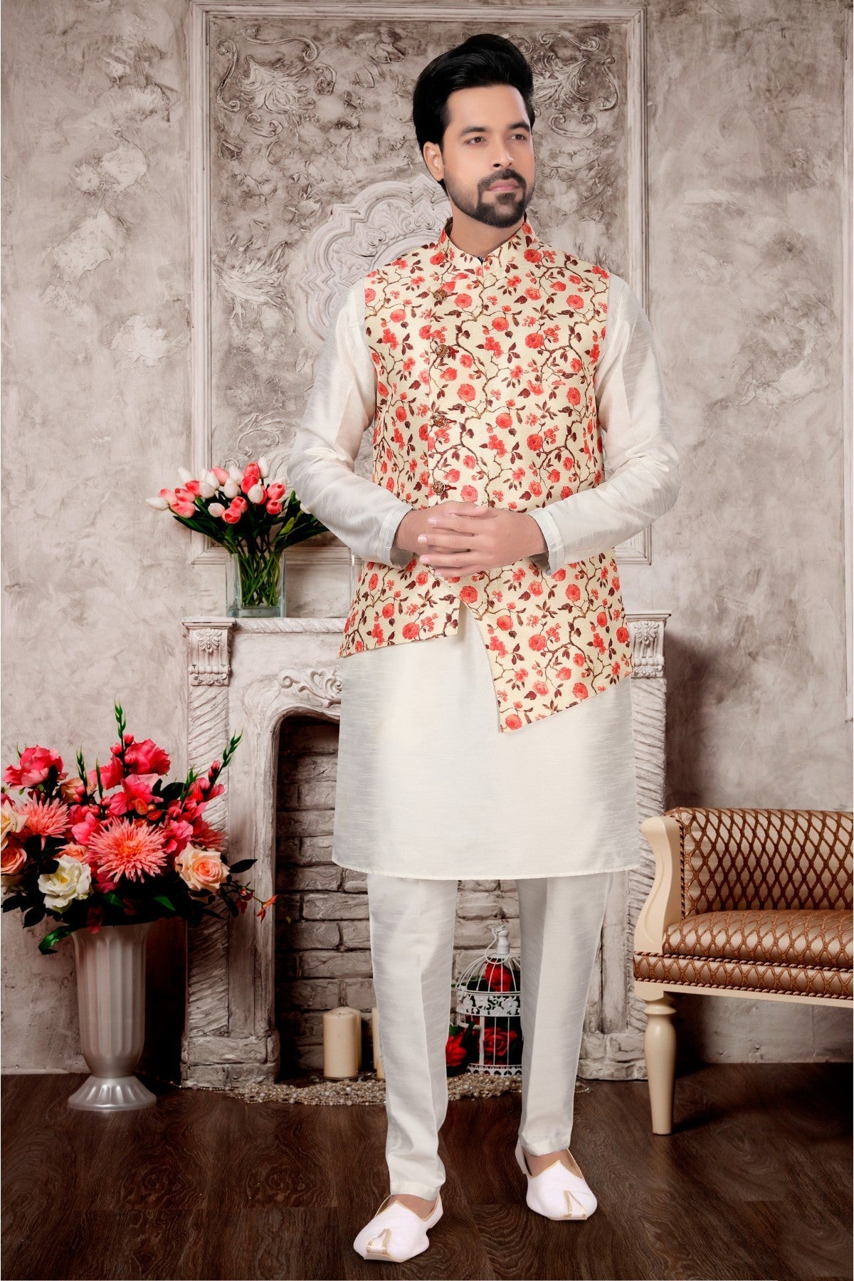 White and Cream Colour Kurta Pajama With Jacket In Silk Dupion Fabric VSKP1040182