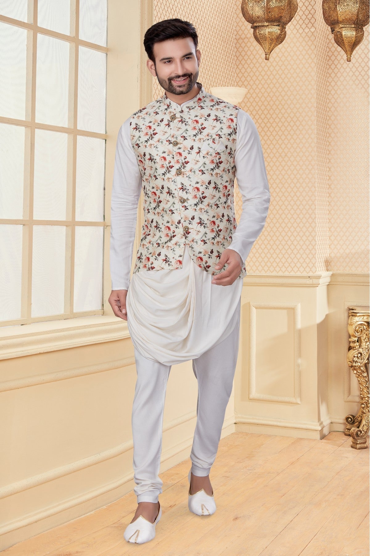 White and Cream Colour Kurta Pajama With Jacket In Soft Silk Fabric VSKP1040180