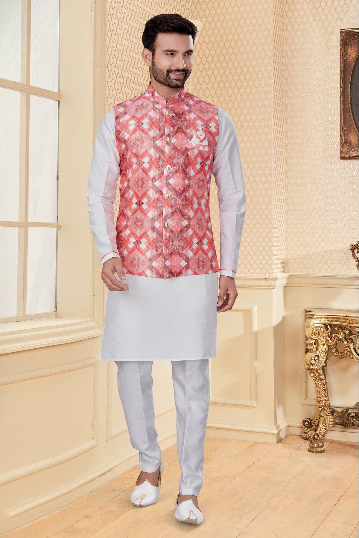 White and Pink Colour Kurta Pajama With Jacket In Silk Dupion Fabric VSKP1040179