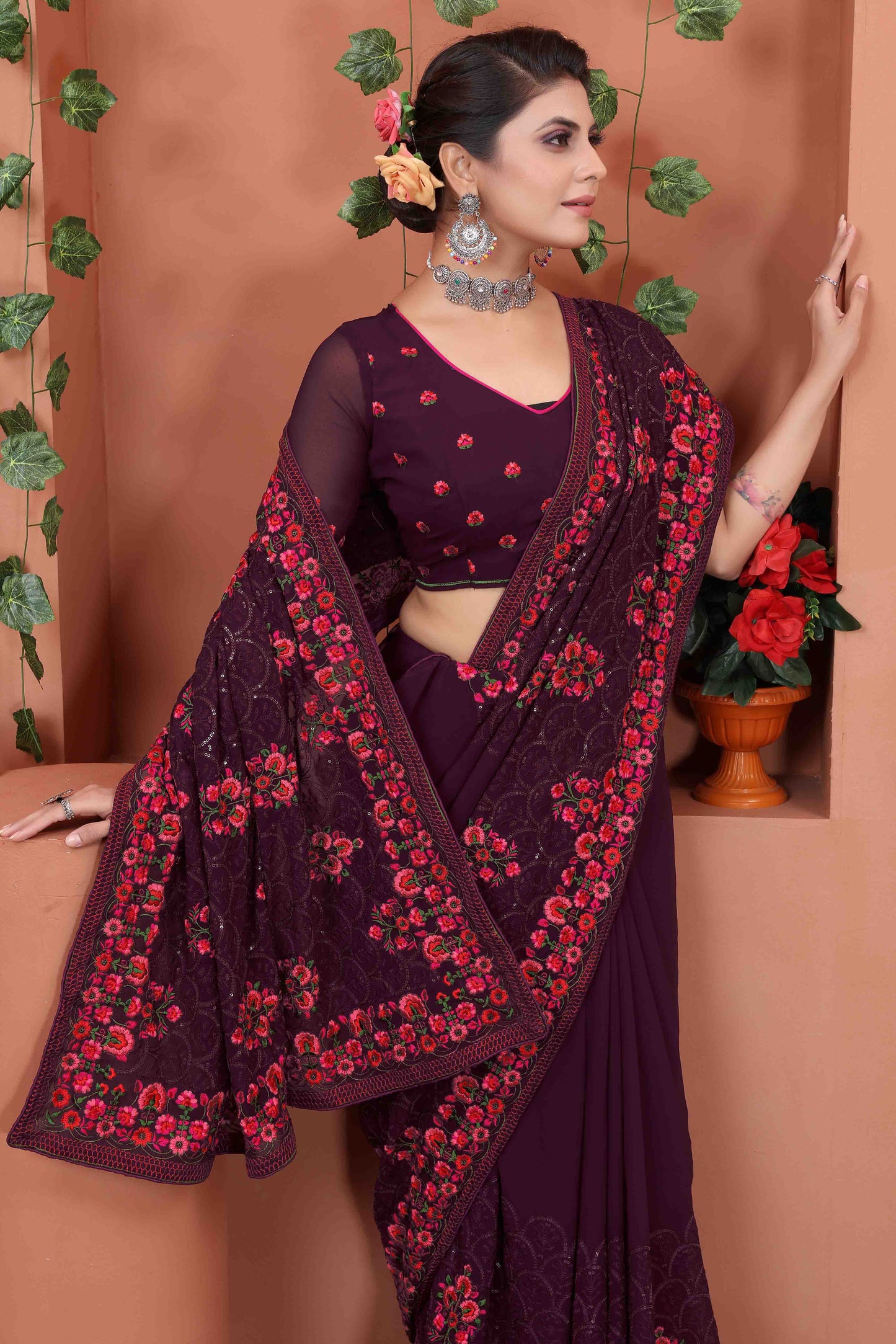 Wine Colour Georgette Designer Saree VSSD1090534