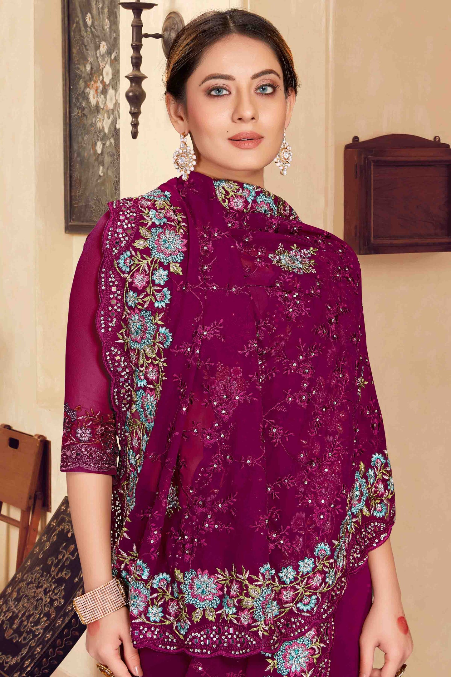 Wine Colour Georgette Designer Saree VSSD1121151