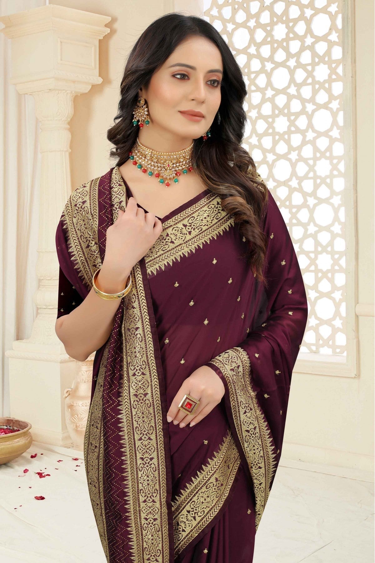 Wine Colour Rangoli Silk Embroidery Saree VSSD1120964