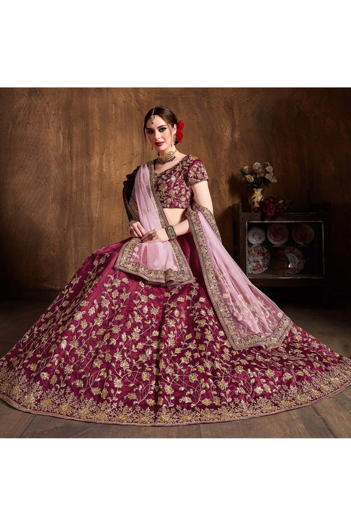 Wine Colour Raw Silk Lehenga Choli VSLC1010061