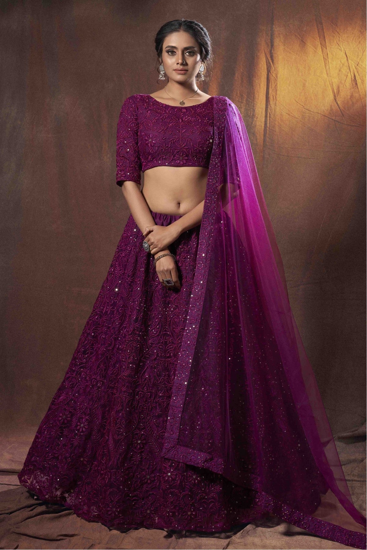 Wine Colour Soft Net Sequins Work Lehenga Choli VSLC1080526