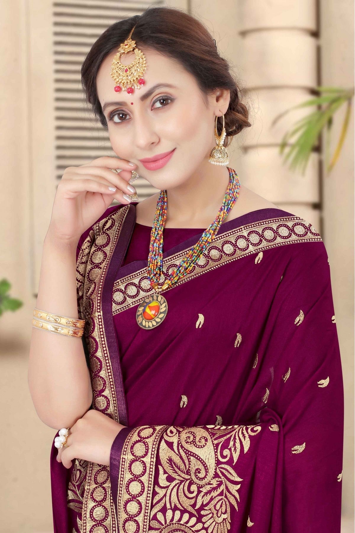 Wine Colour Vichitra Silk Embroidery Saree VSSD1120957