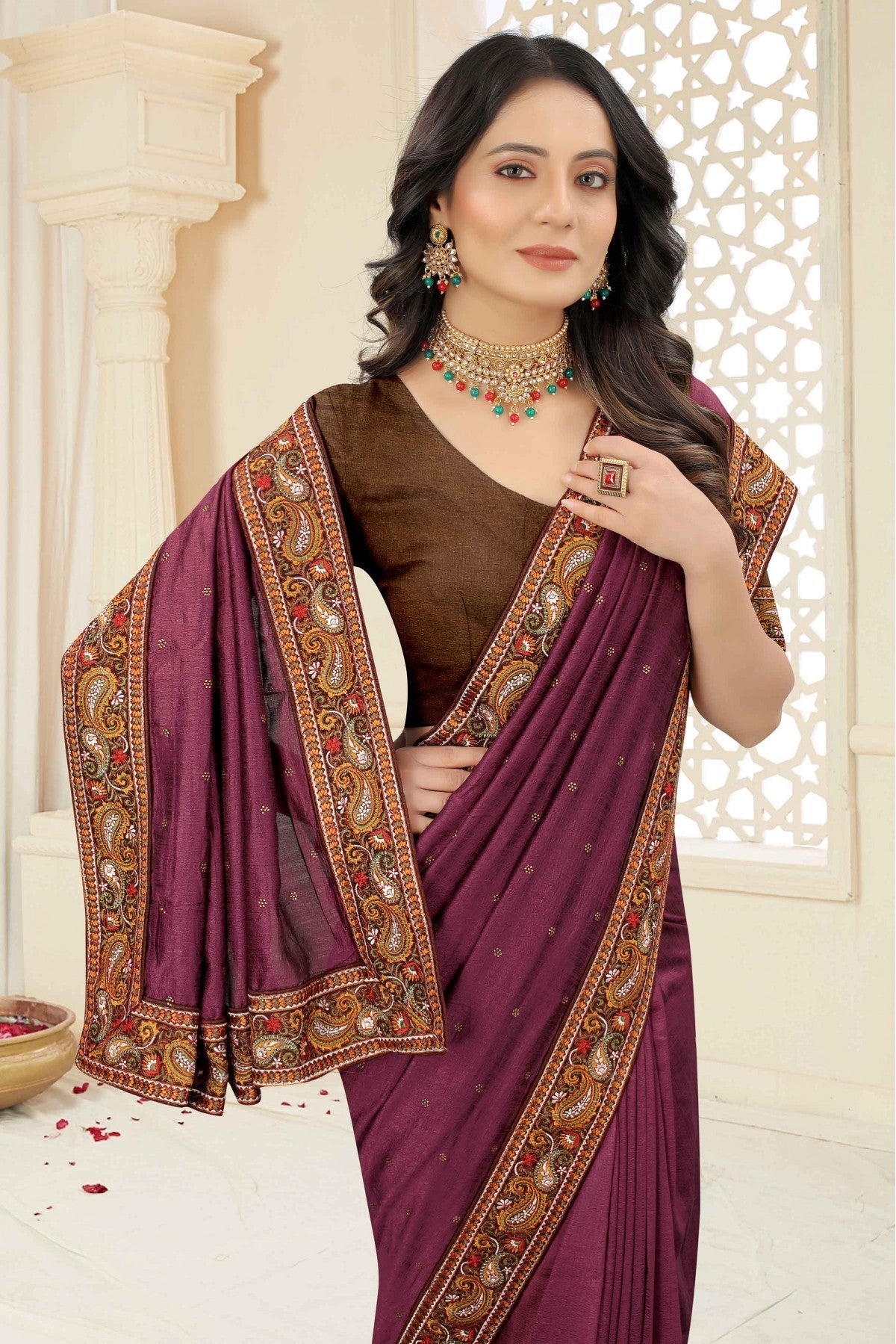 Wine Colour Vichitra Silk Embroidery Saree VSSD1120968