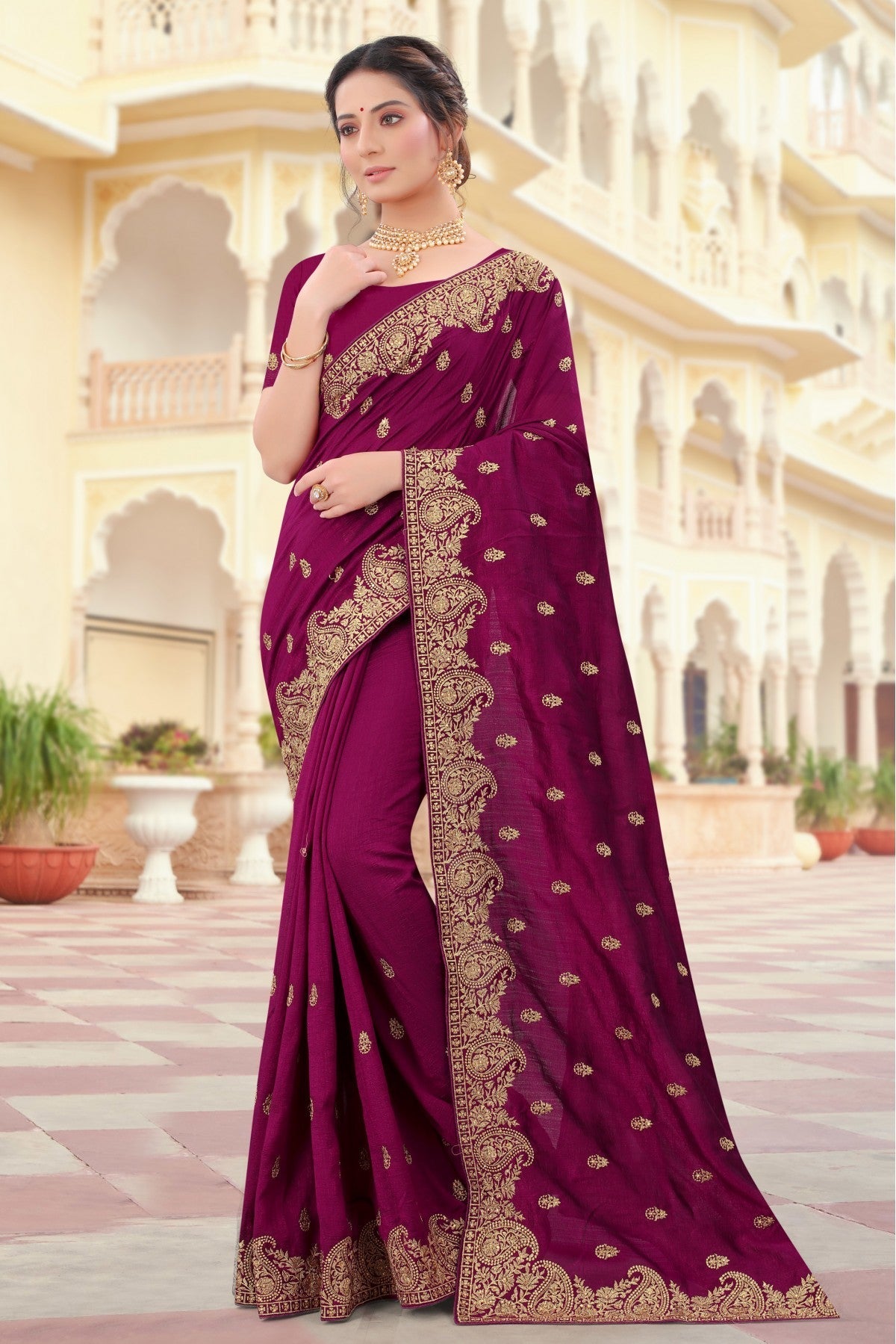 Wine Colour Vichitra Silk Resham Work Saree VSSD1090423