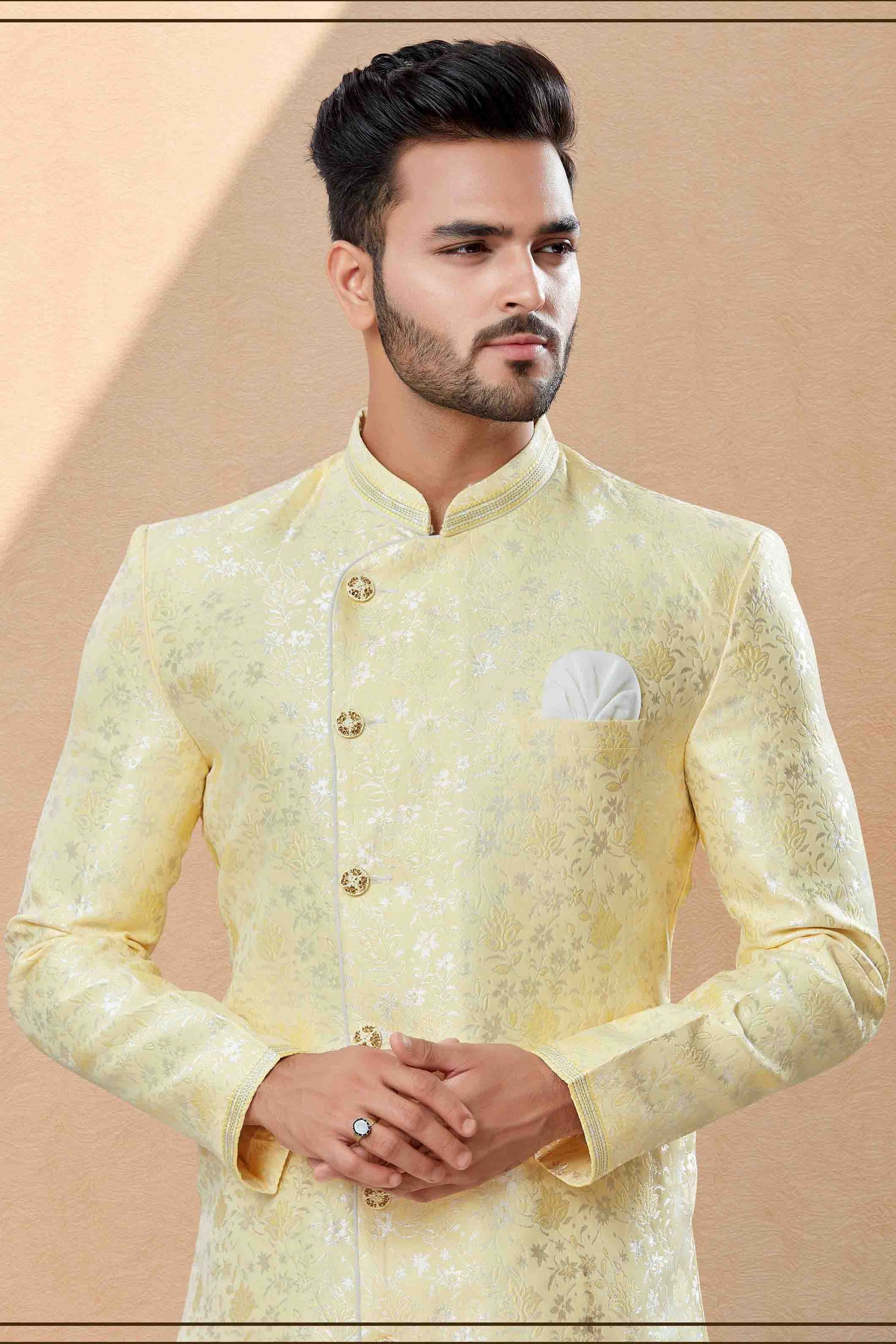 Yellow Colour Dhoti Sherwani In Banarasi Jacquard Fabric VSSH1040390