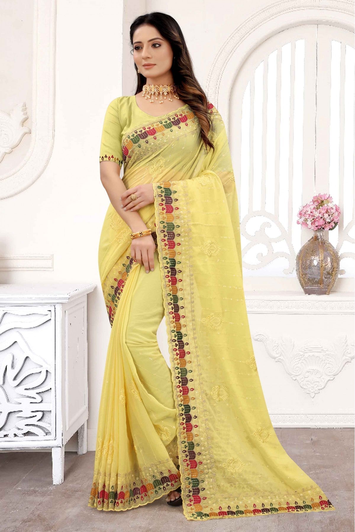 Yellow Colour Georgette Embroidery Saree VSSD1090282