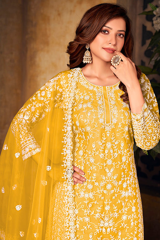 Yellow Colour Net Semi Stitched Palazzo Pant Suit VSSM1050328