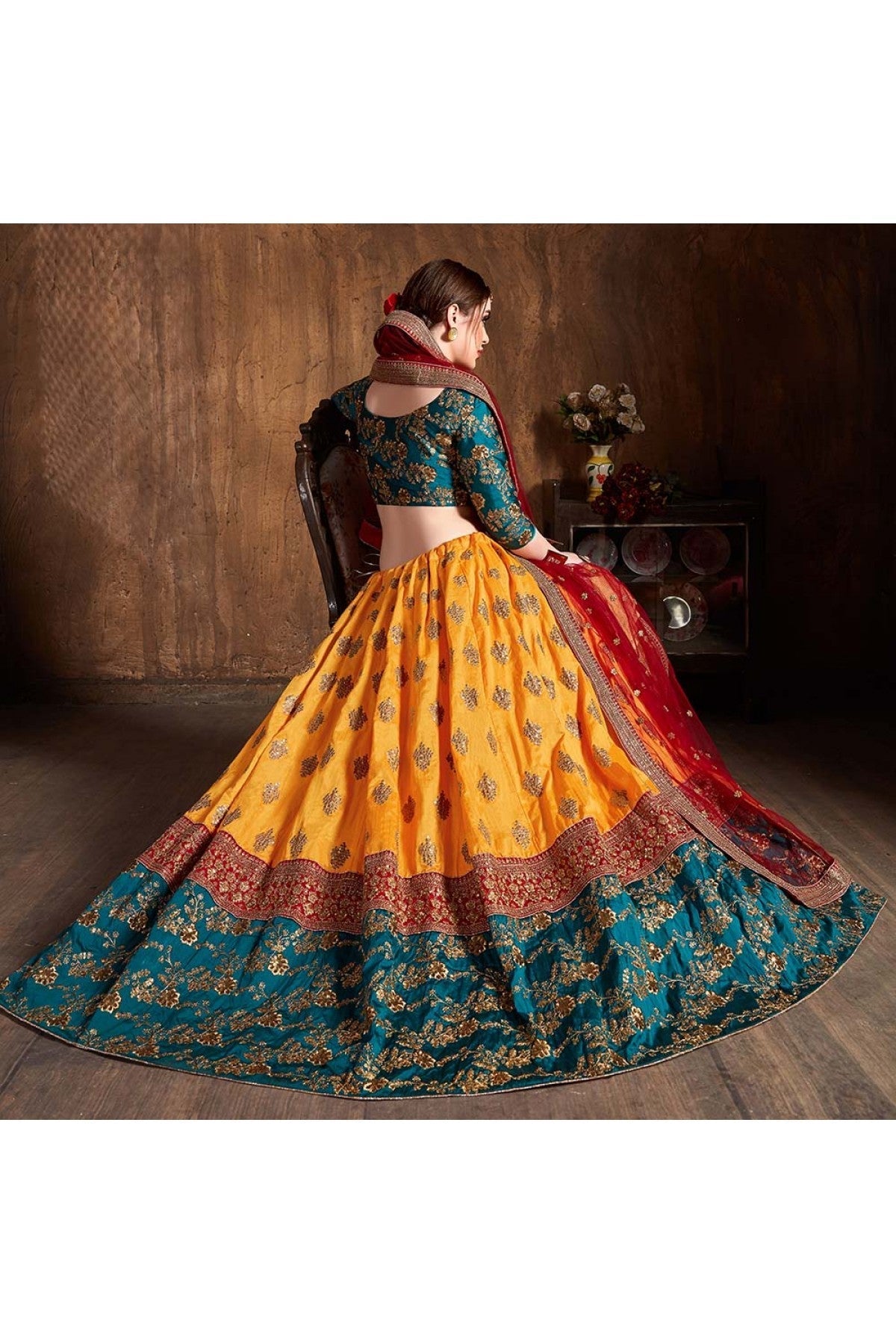 Yellow and Teal Colour Banarasi Silk Lehenga Choli VSLC1010074